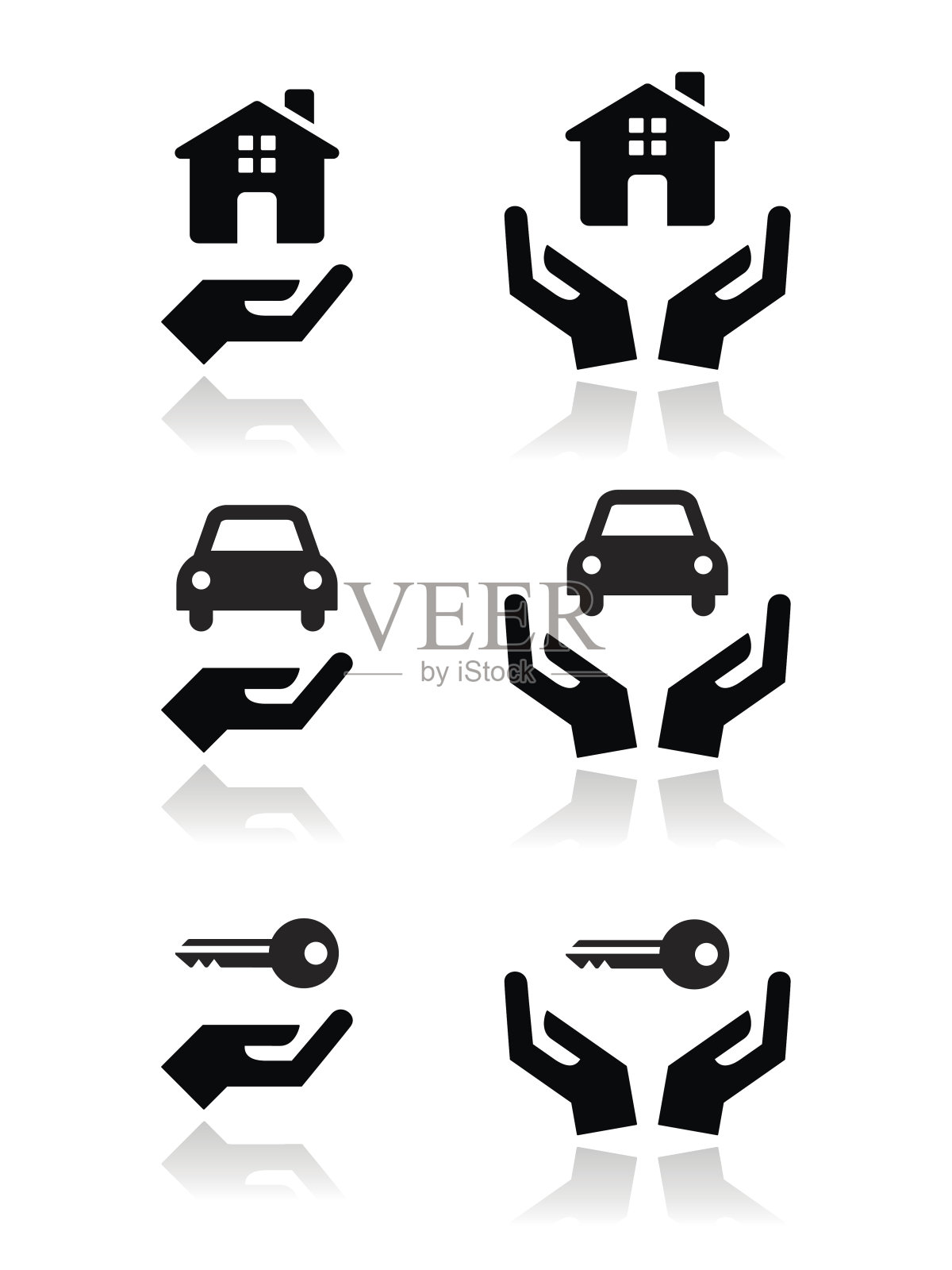 家,车,钥匙与手的图标设置图标素材