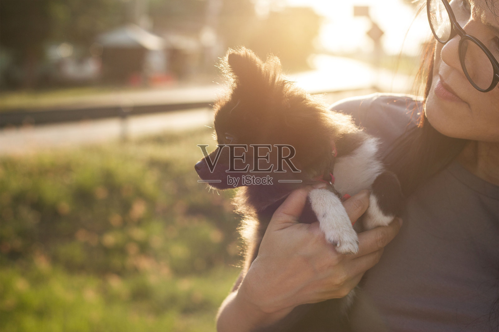 女人与狗在户外日落背景照片摄影图片