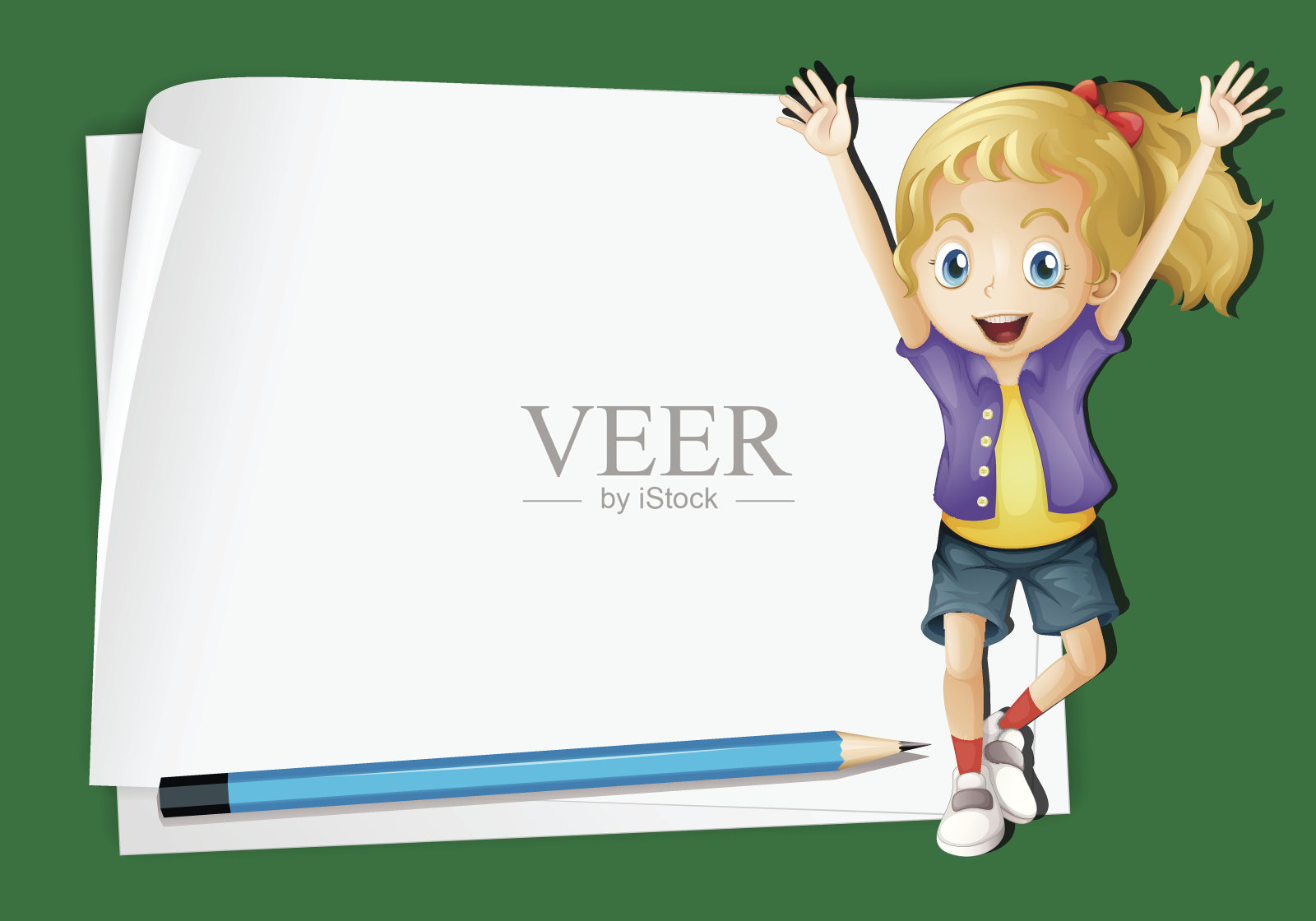 框架模板与快乐的女孩和铅笔插画图片素材