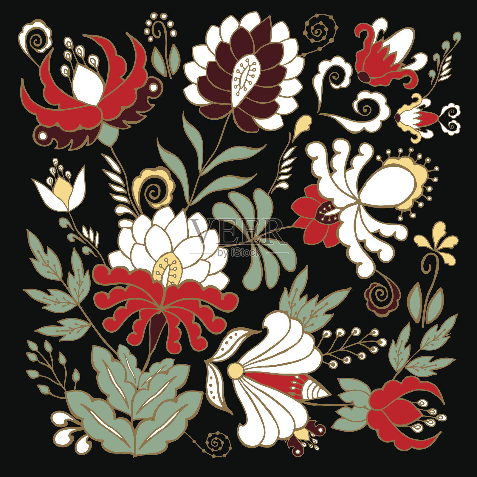 存量向量花和叶装饰。东方或俄罗斯模式。项链刺绣设计插画图片素材