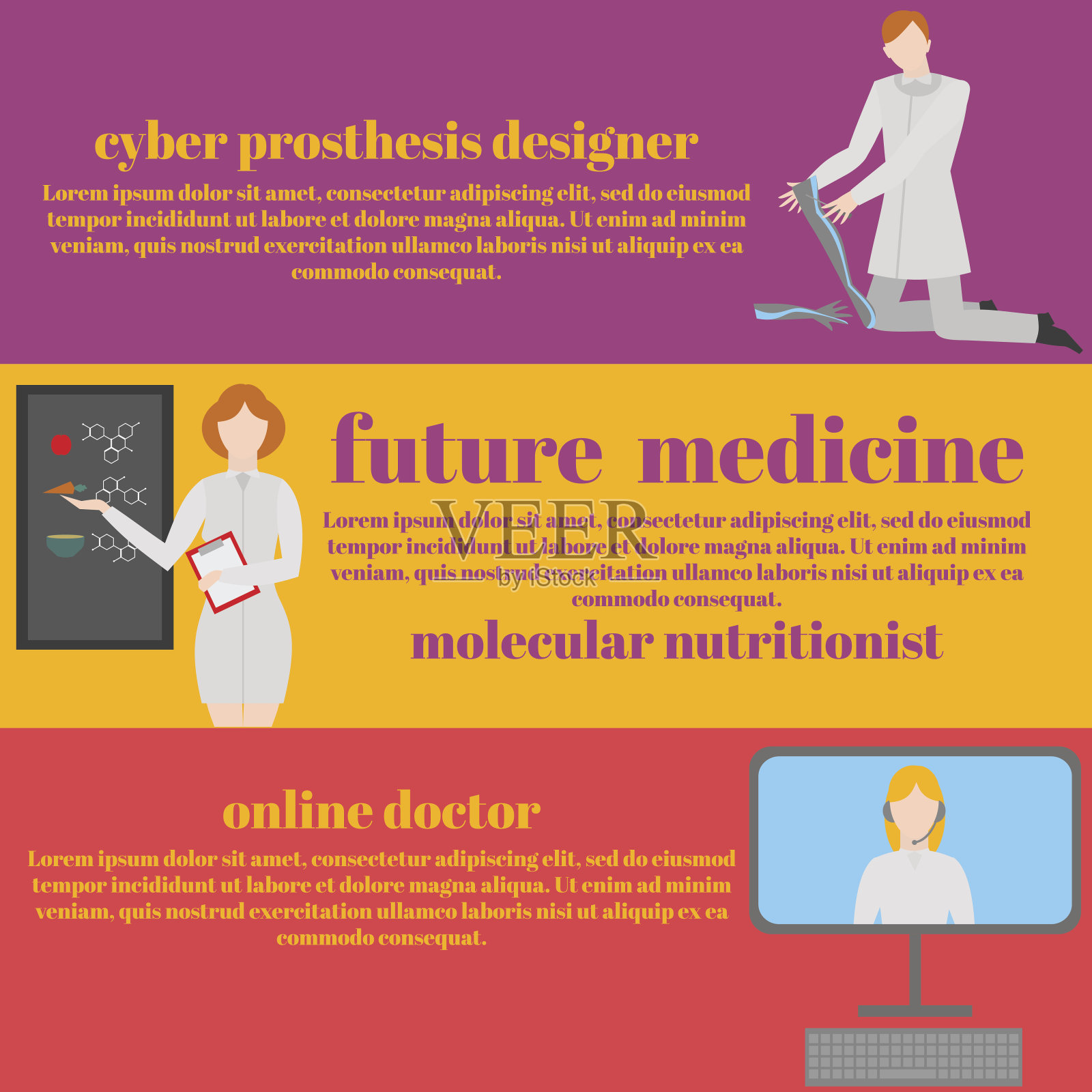 未来的医生,护士和医务人员。医疗未来团队在平面设计人的性格。分子饮食,基因,假肢,it医疗和在线医生,插画图片素材