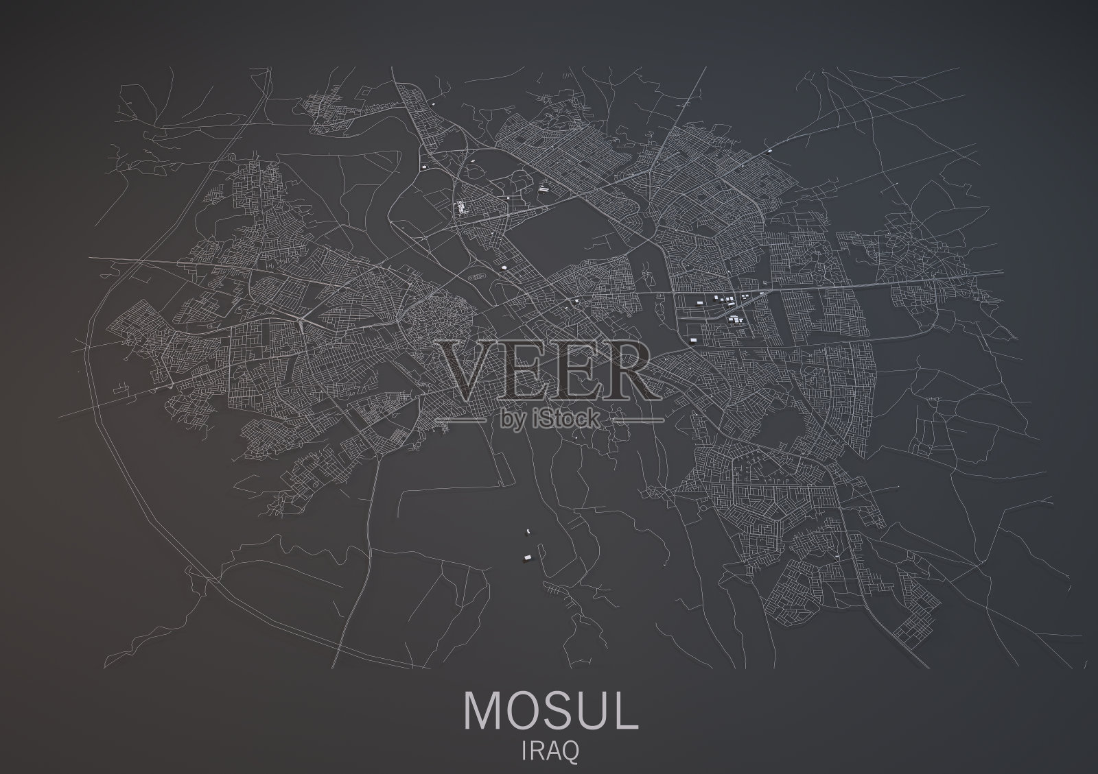 摩苏尔地图,卫星视图,伊拉克城市照片摄影图片