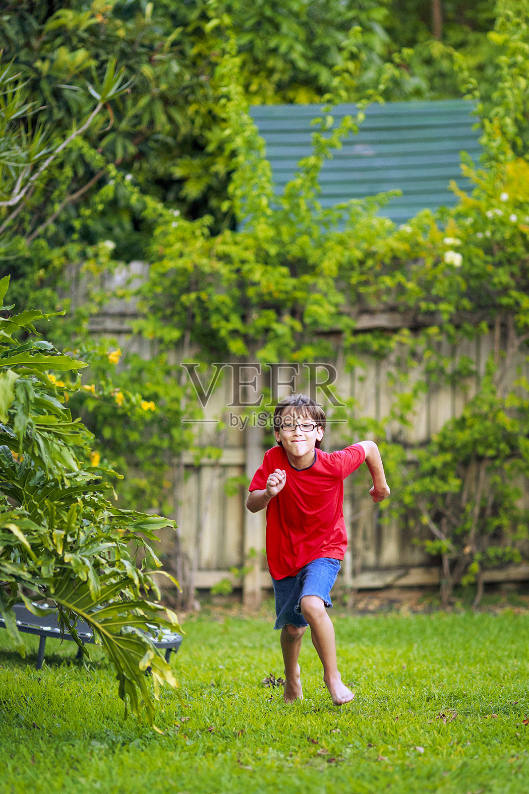 男孩在后院跑照片摄影图片