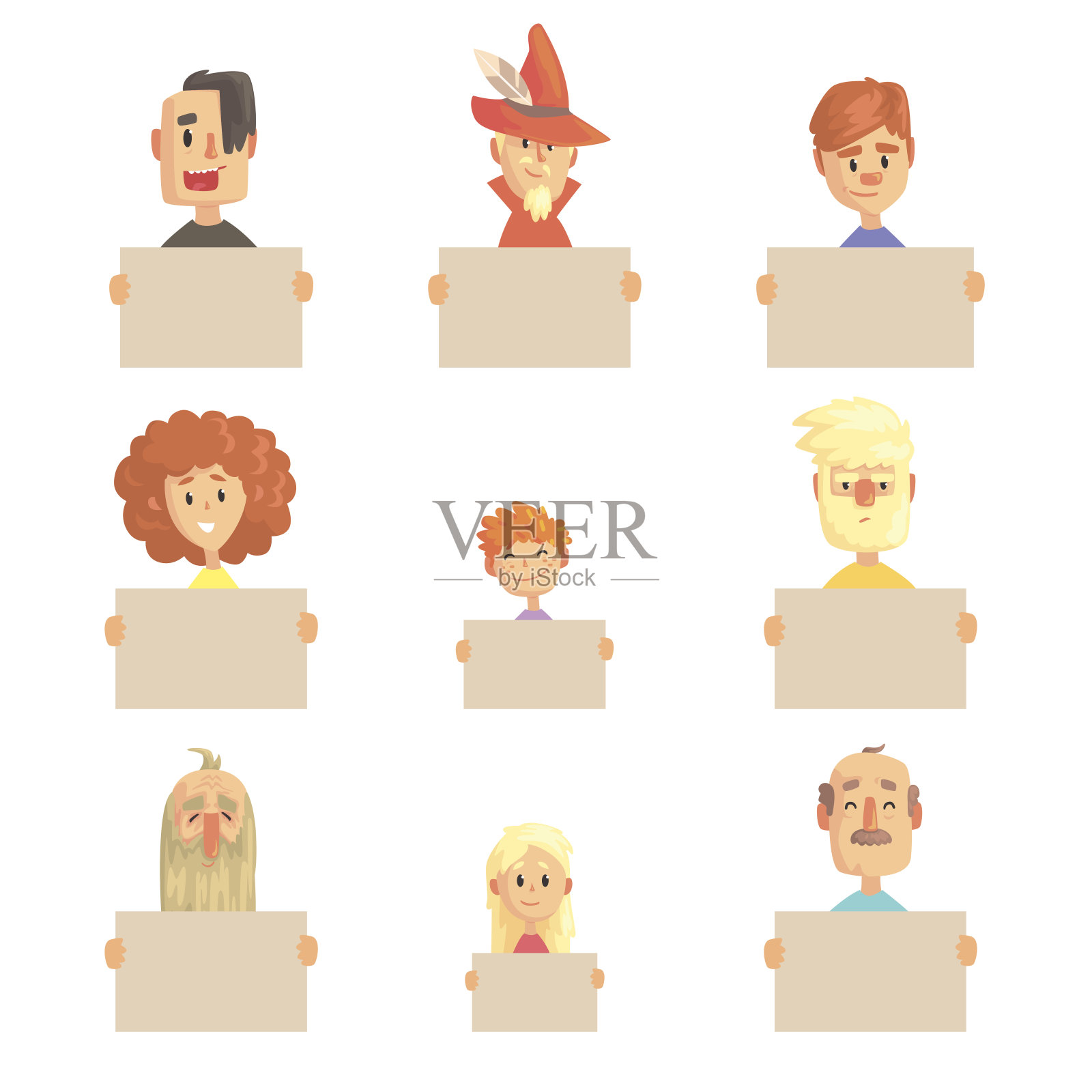 微笑的卡通男人,女人和孩子的角色与空横幅一套彩色矢量插图插画图片素材