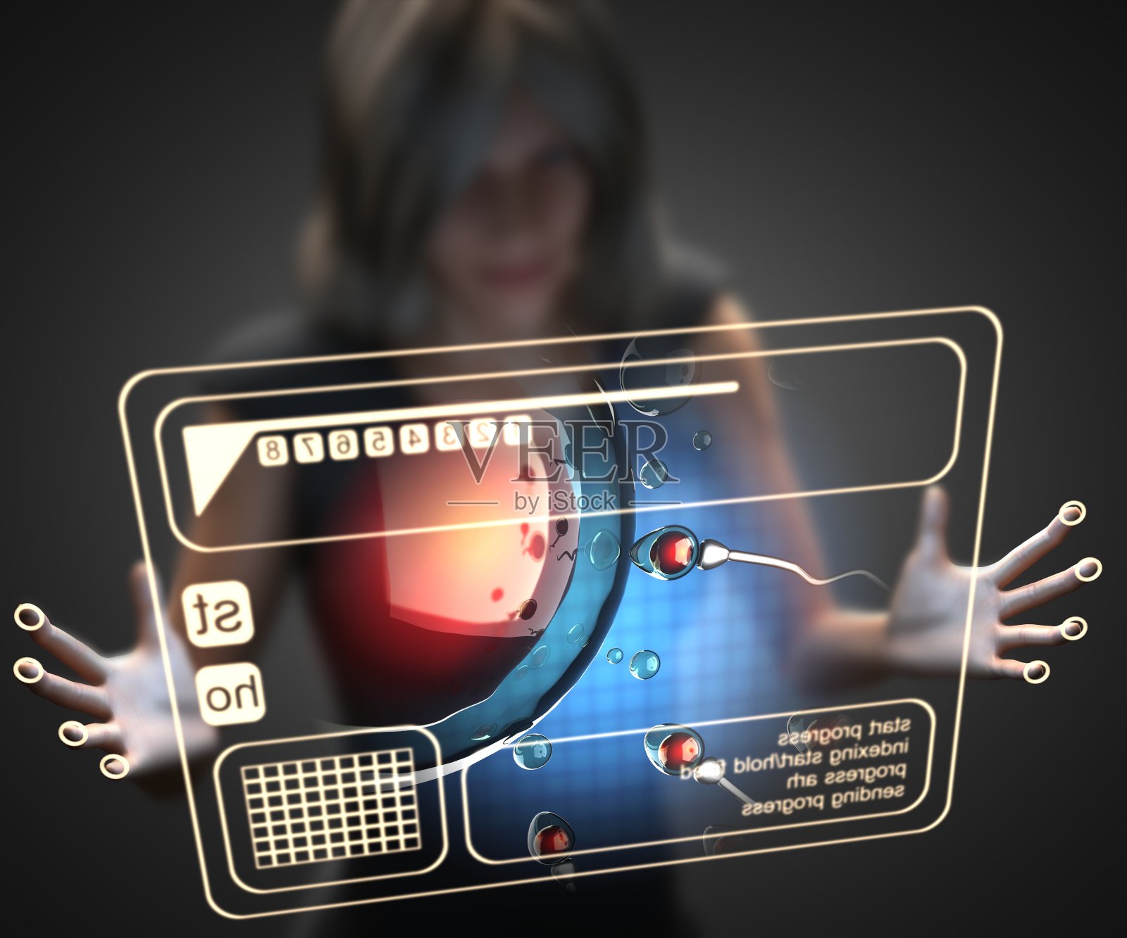 女人和带有复制品的全息图照片摄影图片