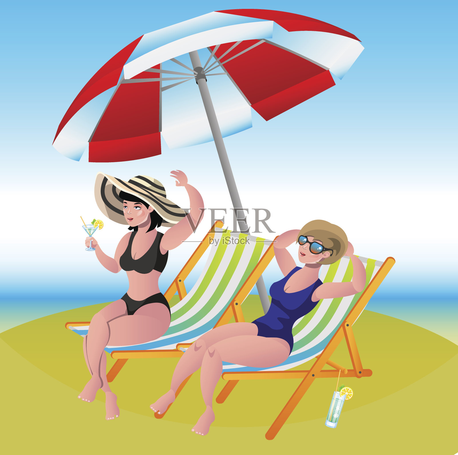 沙滩上的女孩插画图片素材