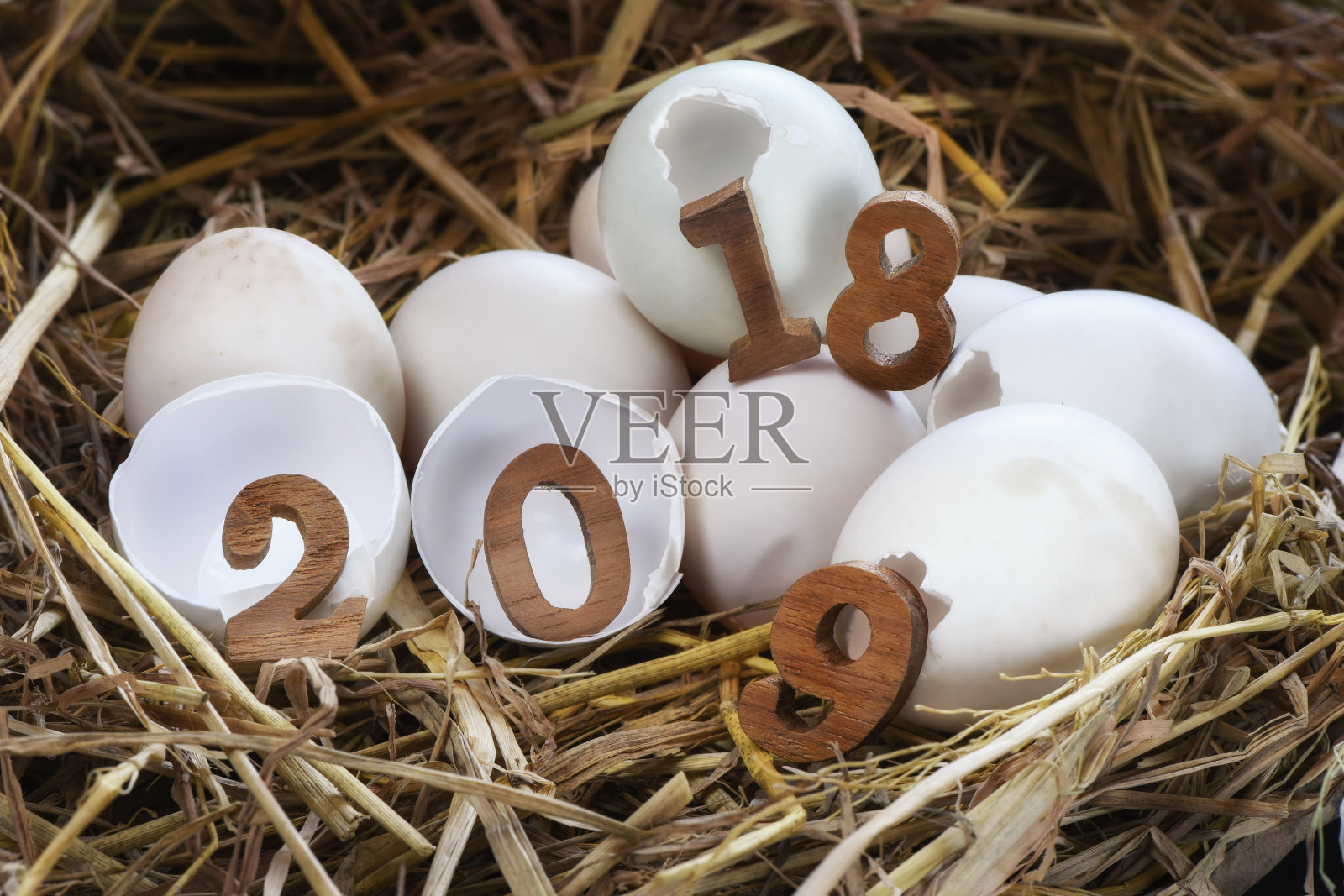 蛋壳上的木质数字2018和2019照片摄影图片