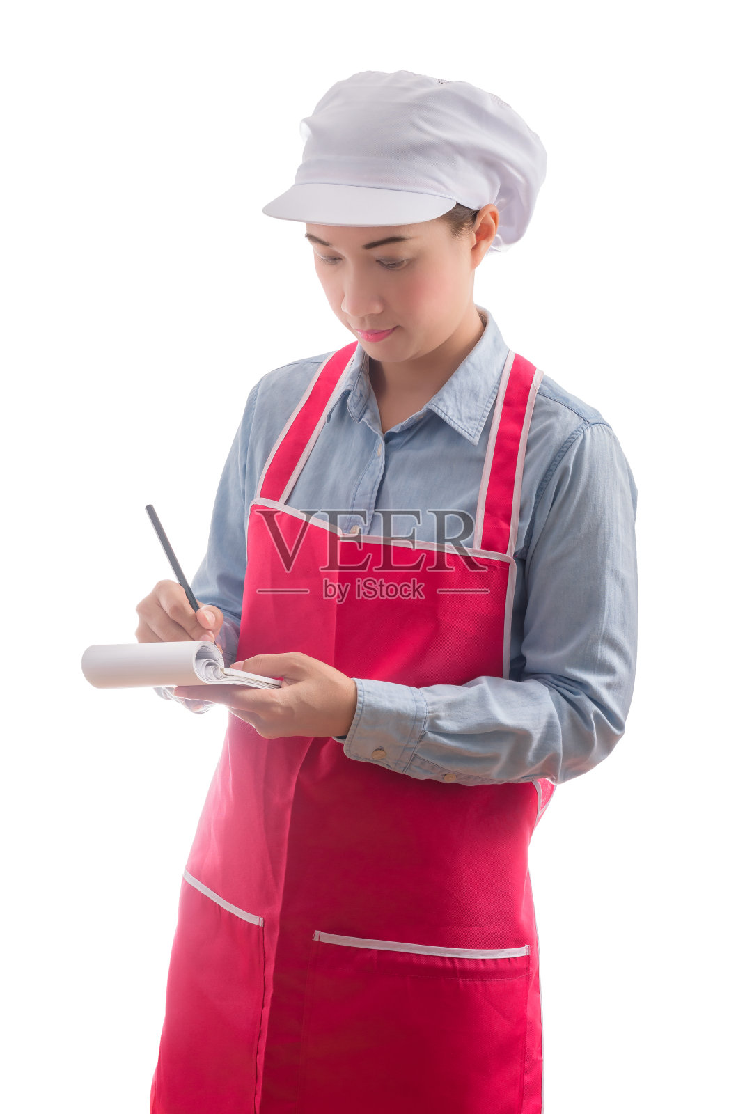 年轻的女服务员正在点菜,孤立在白色背景下照片摄影图片