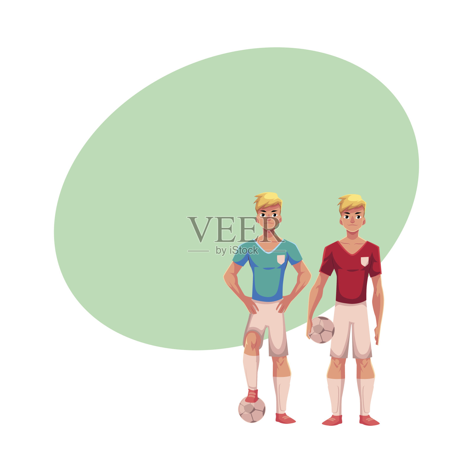 两个金发帅气的足球运动员,队友拿着足球站在一起插画图片素材