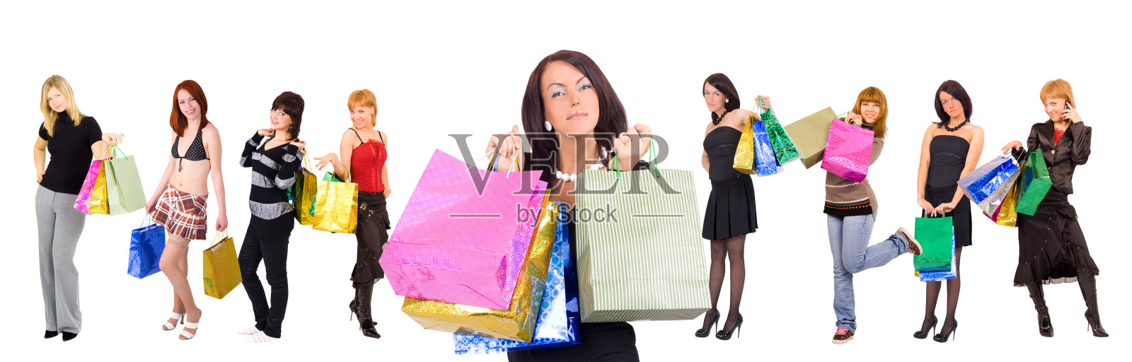 九名购物女郎,前面还有个漂亮的照片摄影图片
