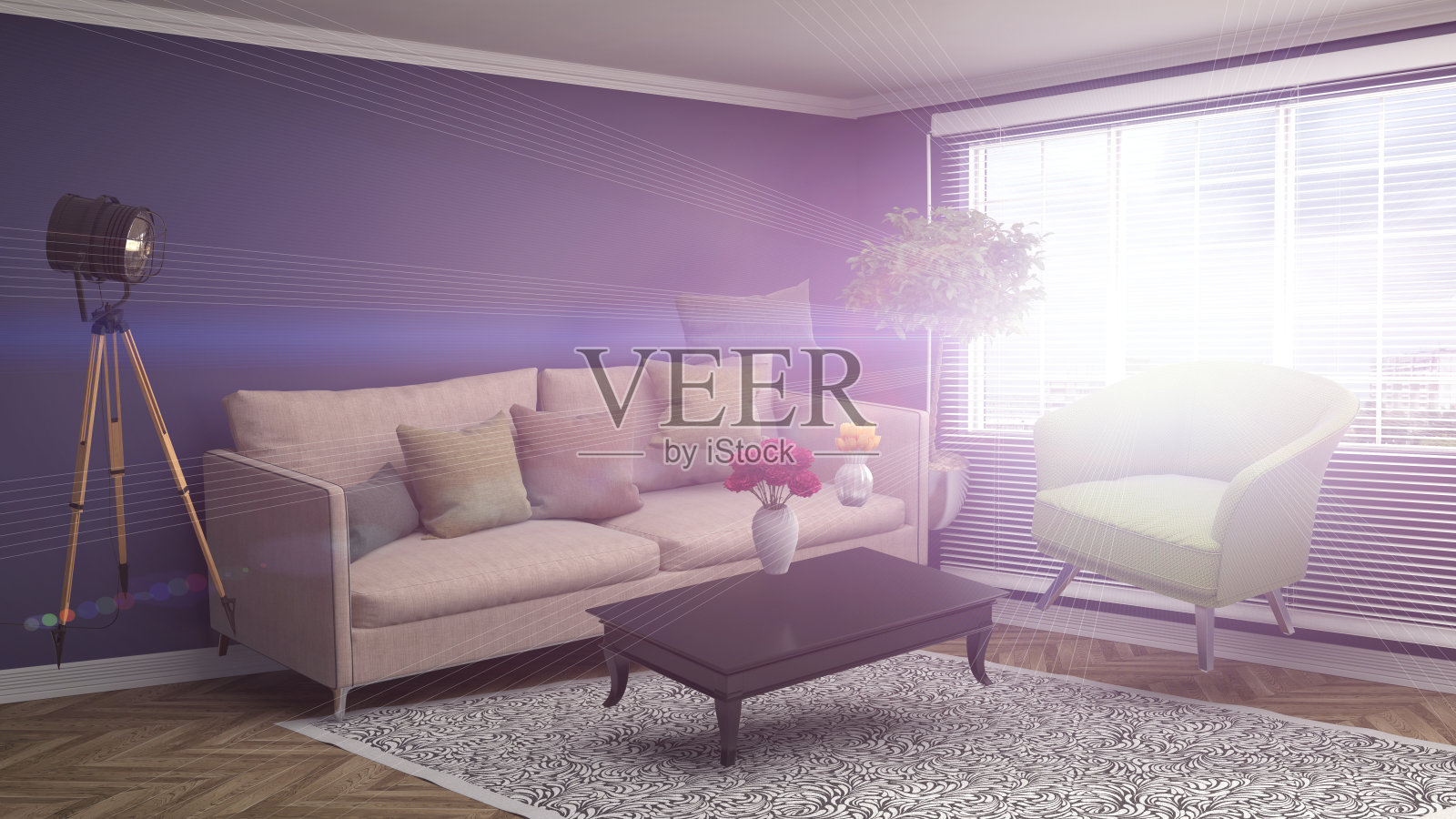 客厅里的零重力沙发。三维演示照片摄影图片