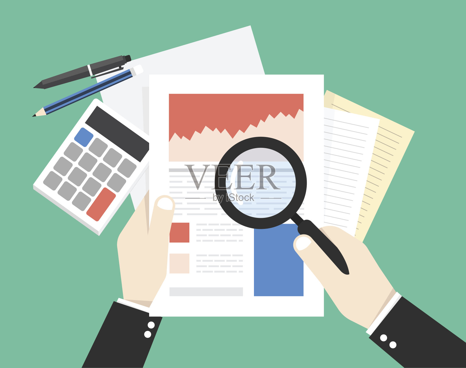 商人手拿放大镜分析数据设计模板素材