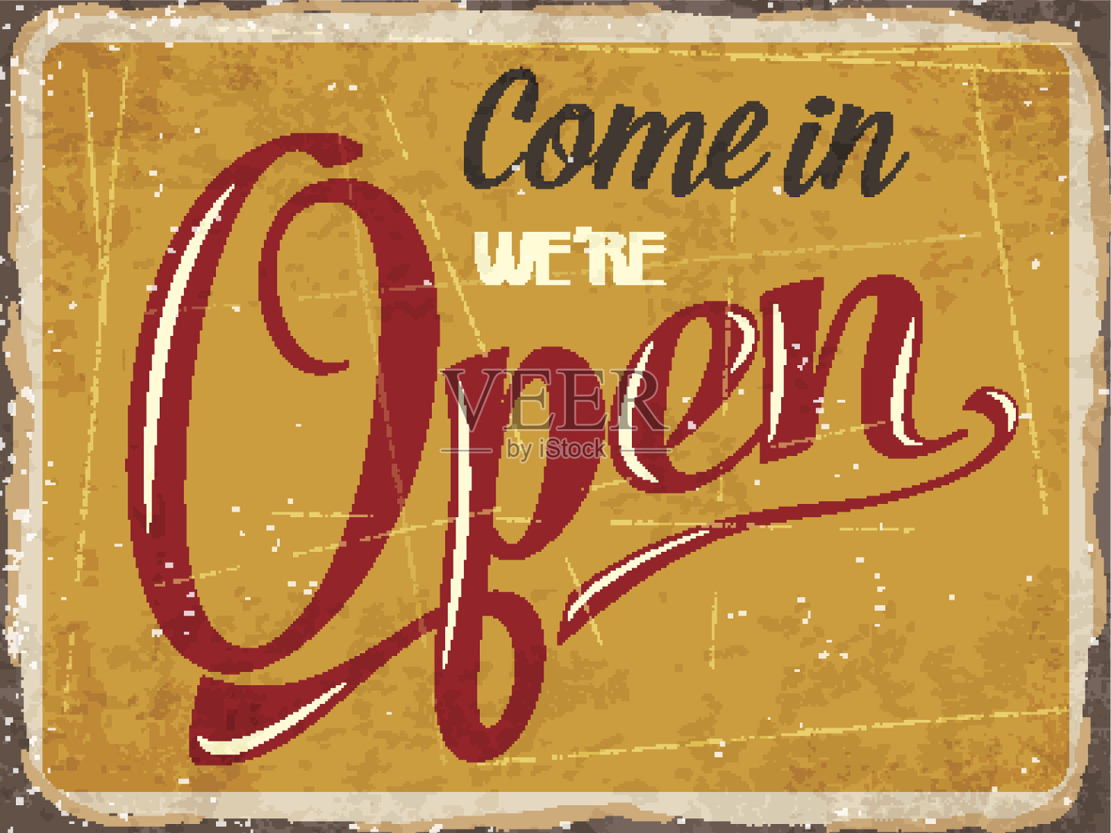 复古金属标志“请进,我们开门了”插画图片素材