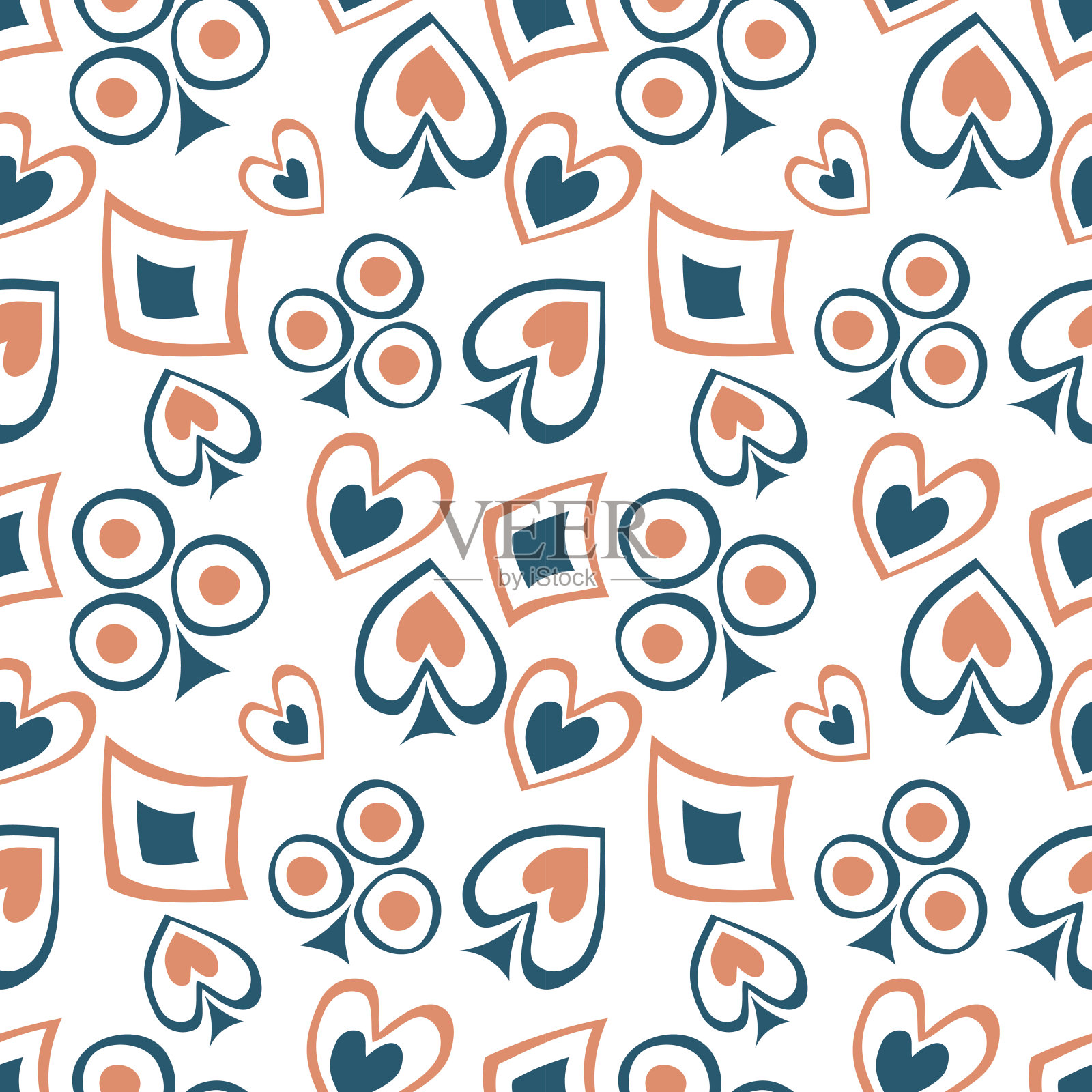 无缝矢量模式与图标的扑克牌。背景与手绘符号。装饰重复点缀。系列游戏和赌博无缝矢量模式。插画图片素材