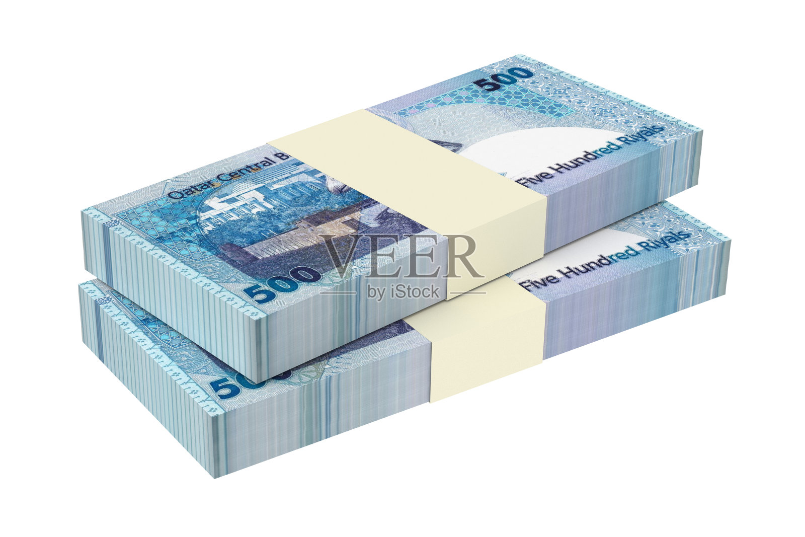 卡塔尔里亚尔钞票孤立在白色背景。照片摄影图片