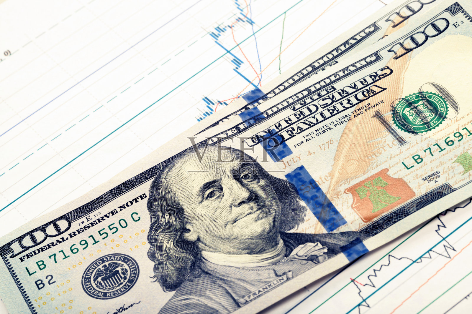 100美元钞票上的股票行情图——摄影棚拍摄。过滤图像:交叉处理的复古效果。照片摄影图片