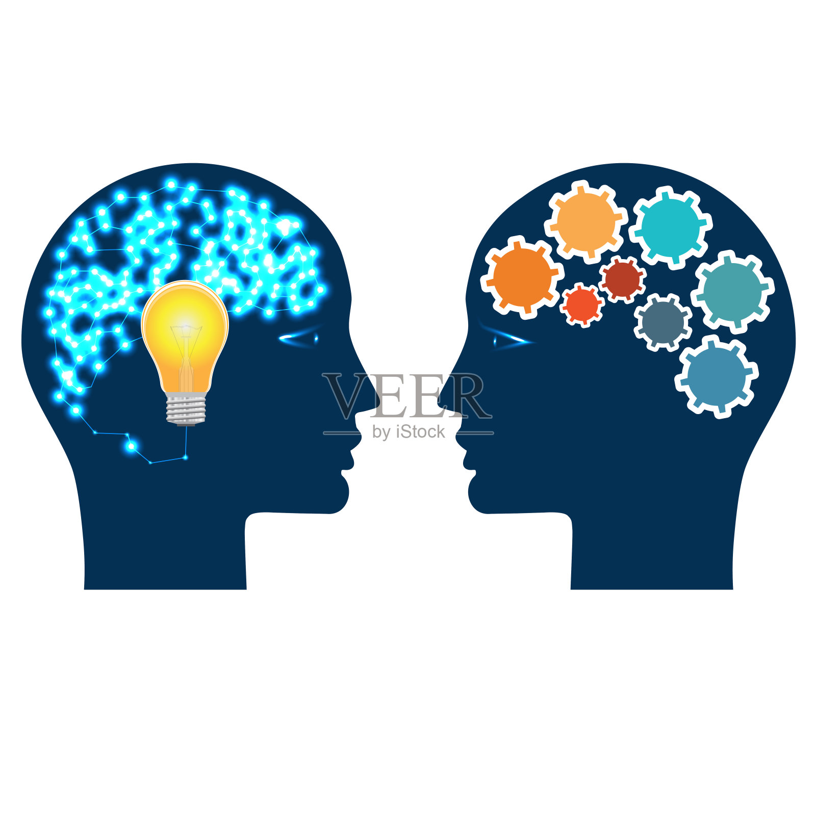 两个有齿轮,灯泡和抽象大脑的人的头照片摄影图片