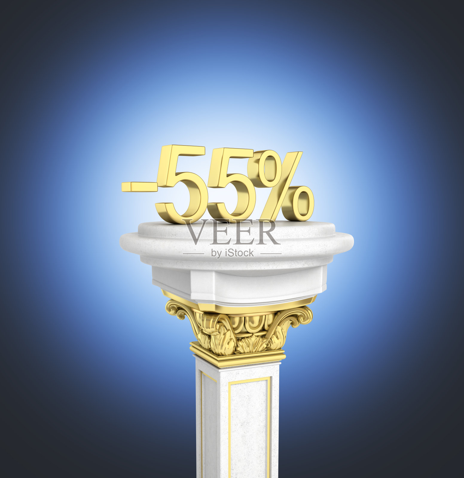 金色文本55%的折扣站在基座上隔离亮蓝色渐变背景3D渲染照片摄影图片