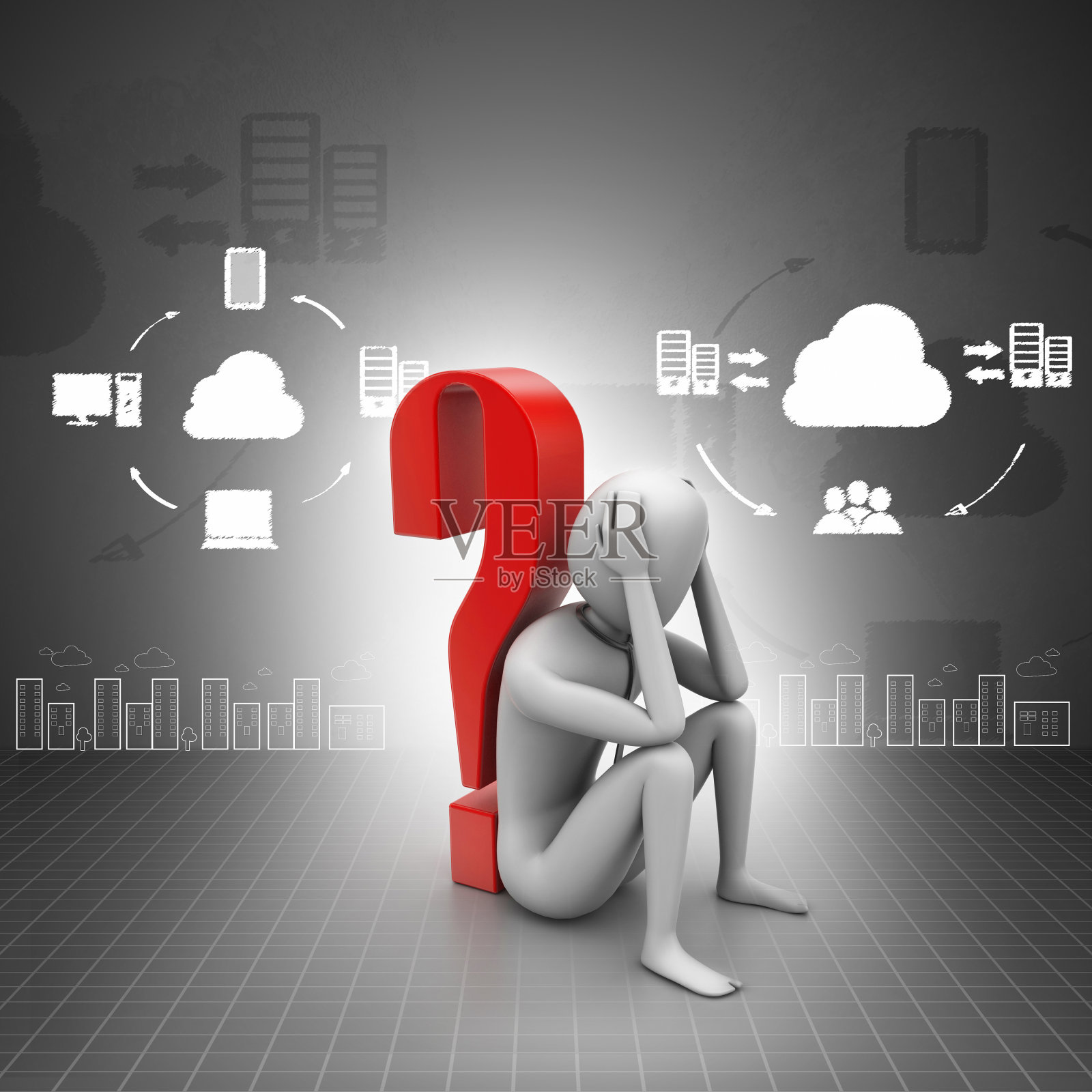 3d男人坐在问号附近照片摄影图片