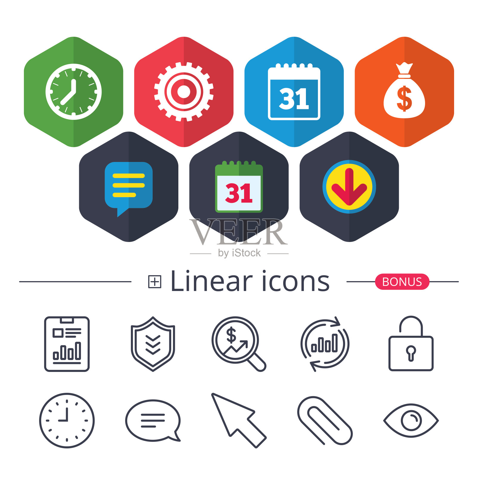 业务的迹象。日历和美元钱袋的图标。图标素材