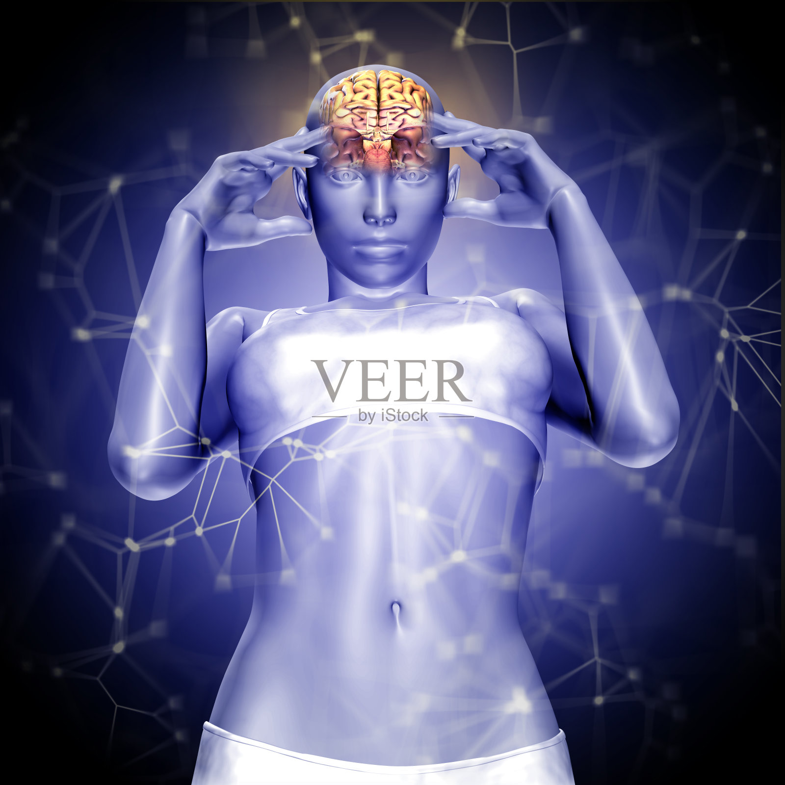 一个女性人物的3D渲染与连接的点和线的大脑照片摄影图片