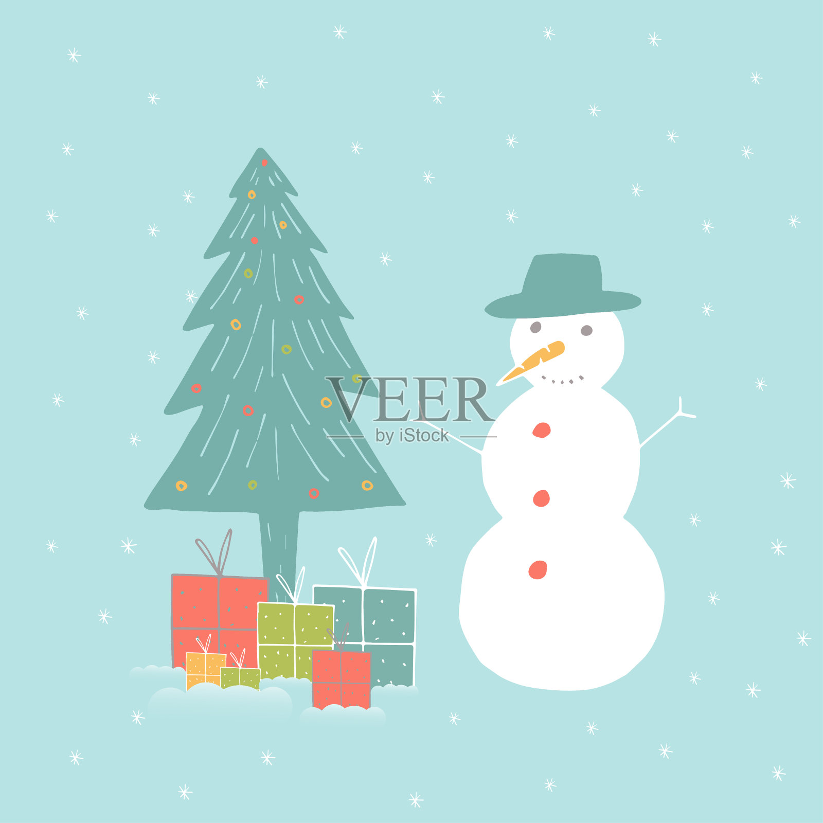 圣诞快乐可爱的贺卡与雪人的礼物。设计元素图片