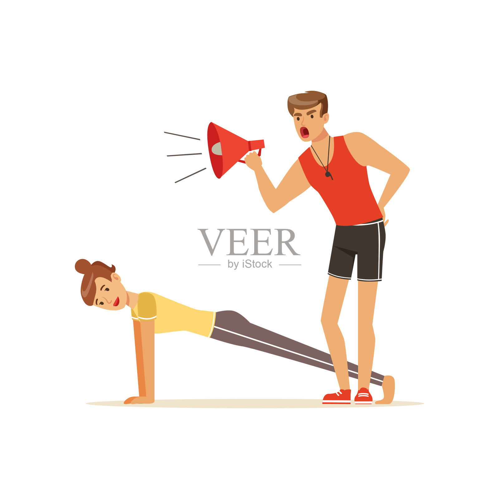 专业健身教练带着扩音器和年轻女子做平板支撑锻炼,人们在私人教练的控制下锻炼矢量插画插画图片素材