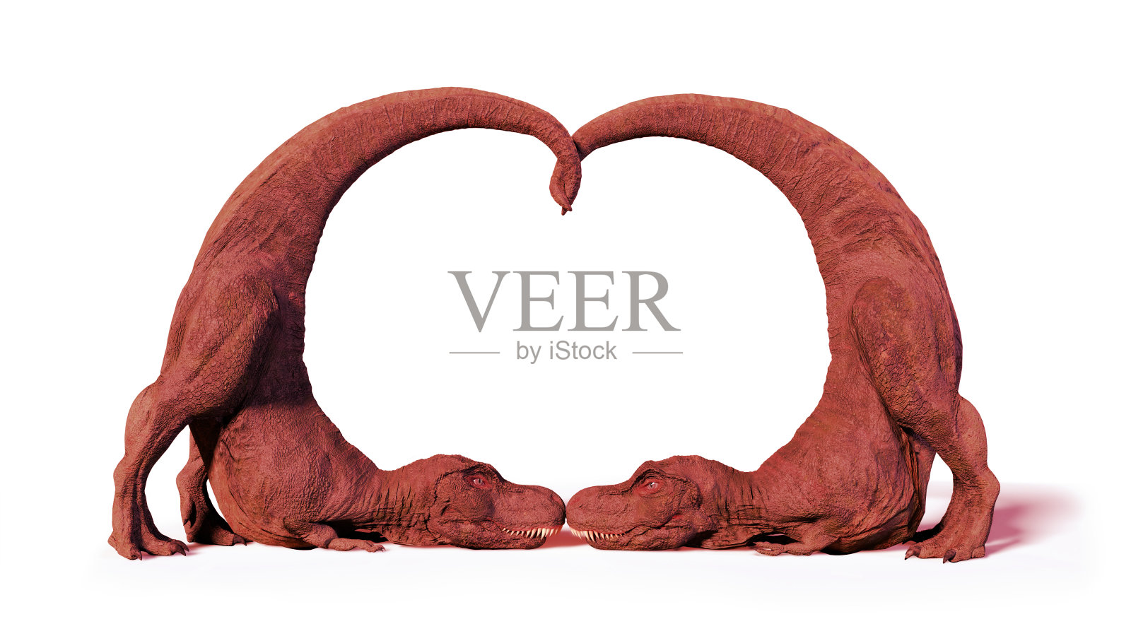 粉红色的雷克斯霸王龙情侣相爱,两只雷克斯霸王龙形成了一个心形(白色背景上的3d插图孤立)照片摄影图片