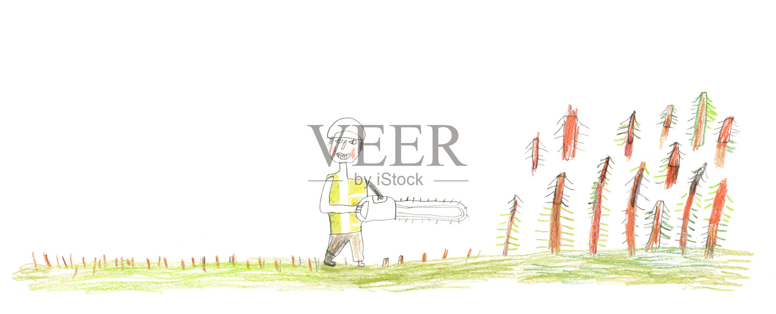 蜡笔画的人用链锯砍柴插画图片素材