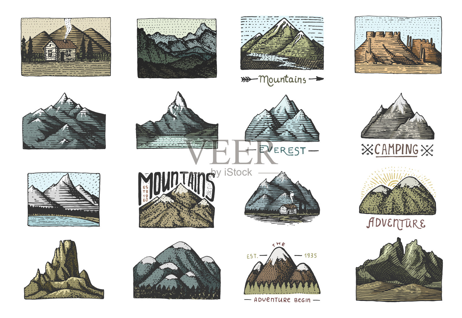 露营、徒步、狩猎相关复古标签徽章雕刻手绘素材(含山峰,从南到北)插画图片素材