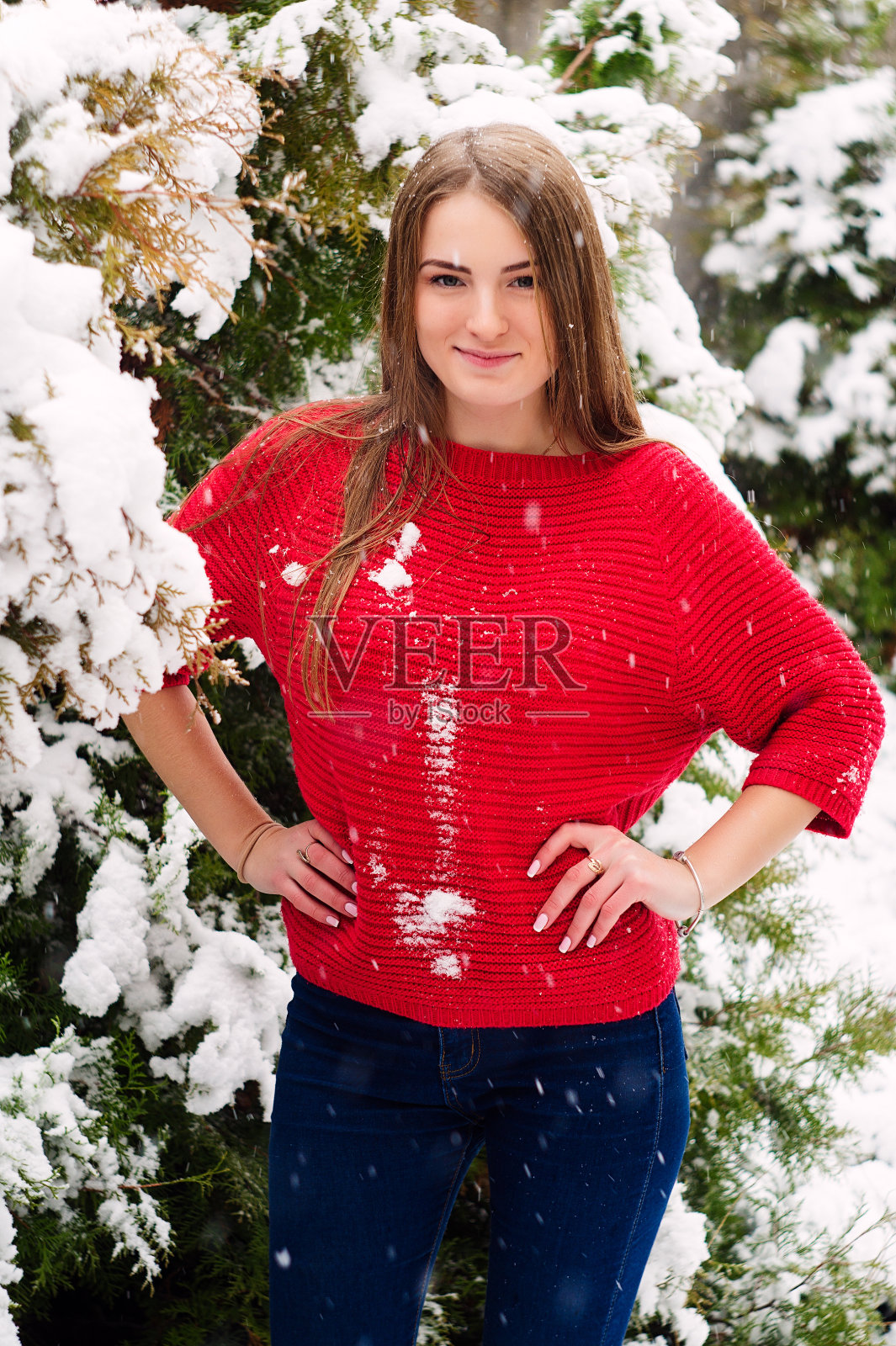美丽的年轻女孩在冬天在公园里做模特。穿着一件红毛衣。照片摄影图片