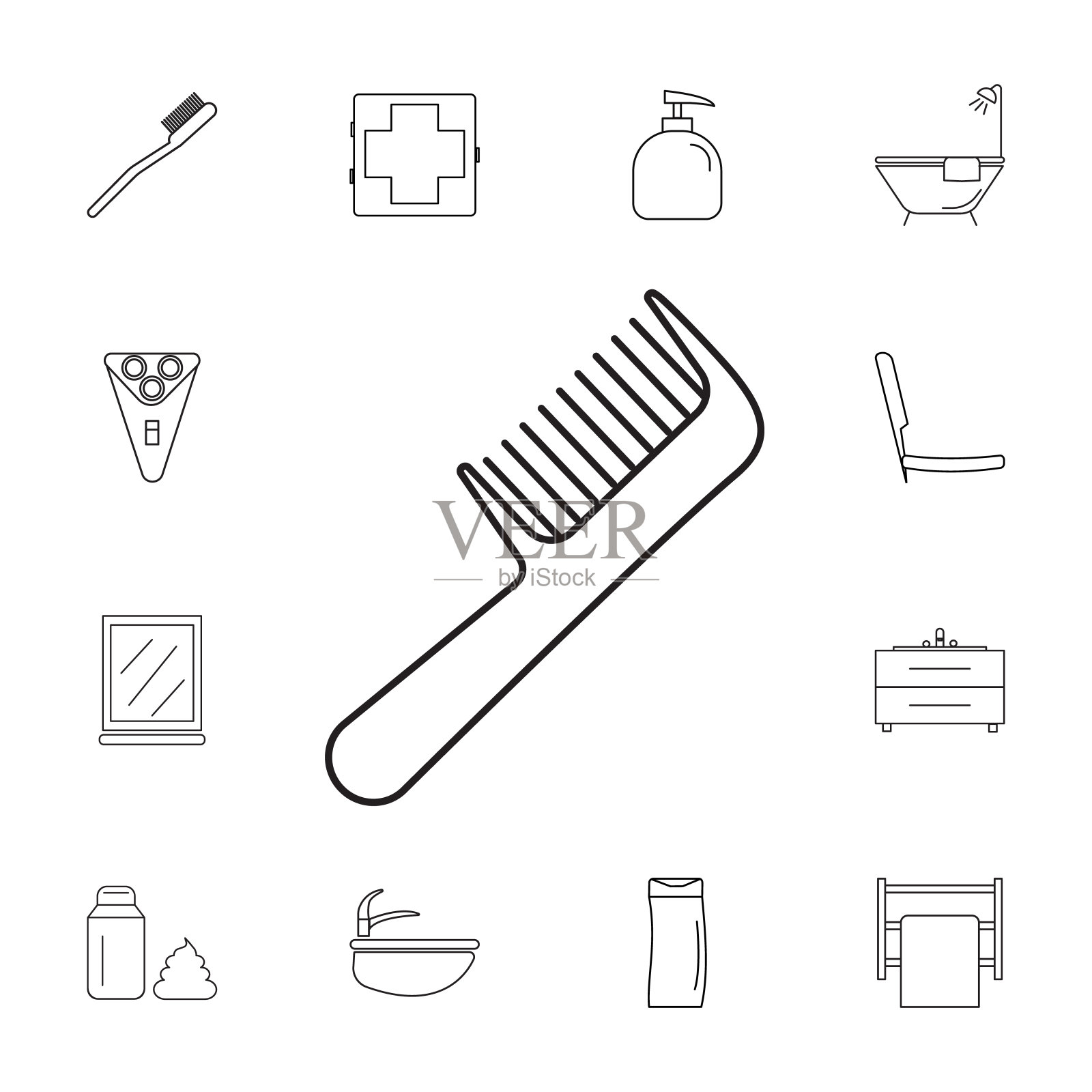梳子图标。一组浴室图标。符号、轮廓符号收集图标素材