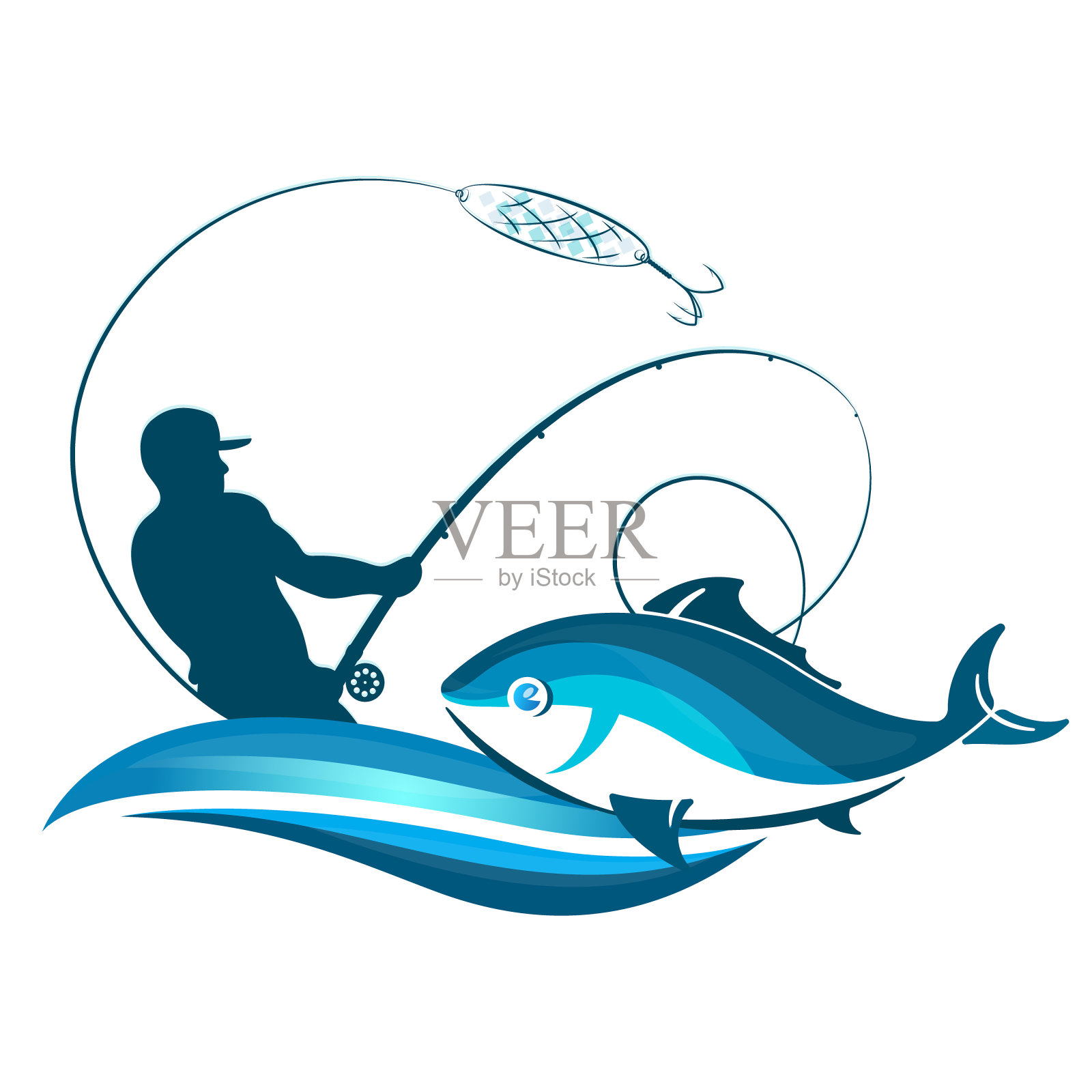 渔夫用钓竿捕鱼设计元素图片