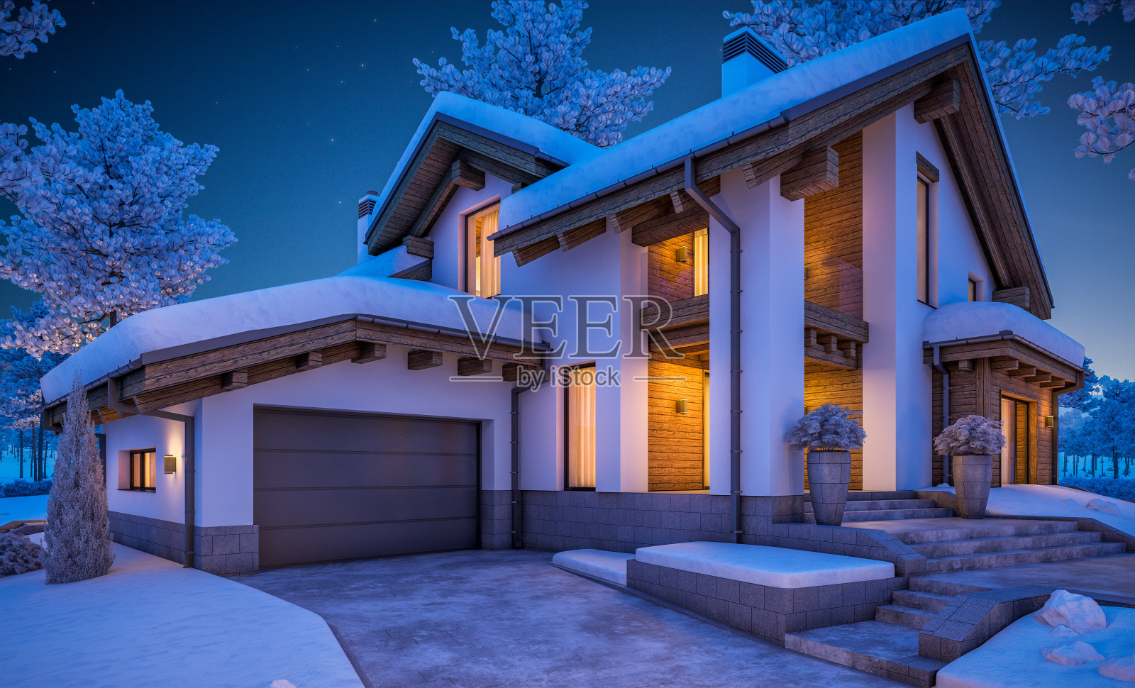 木屋风格的现代舒适住宅的3d渲染照片摄影图片