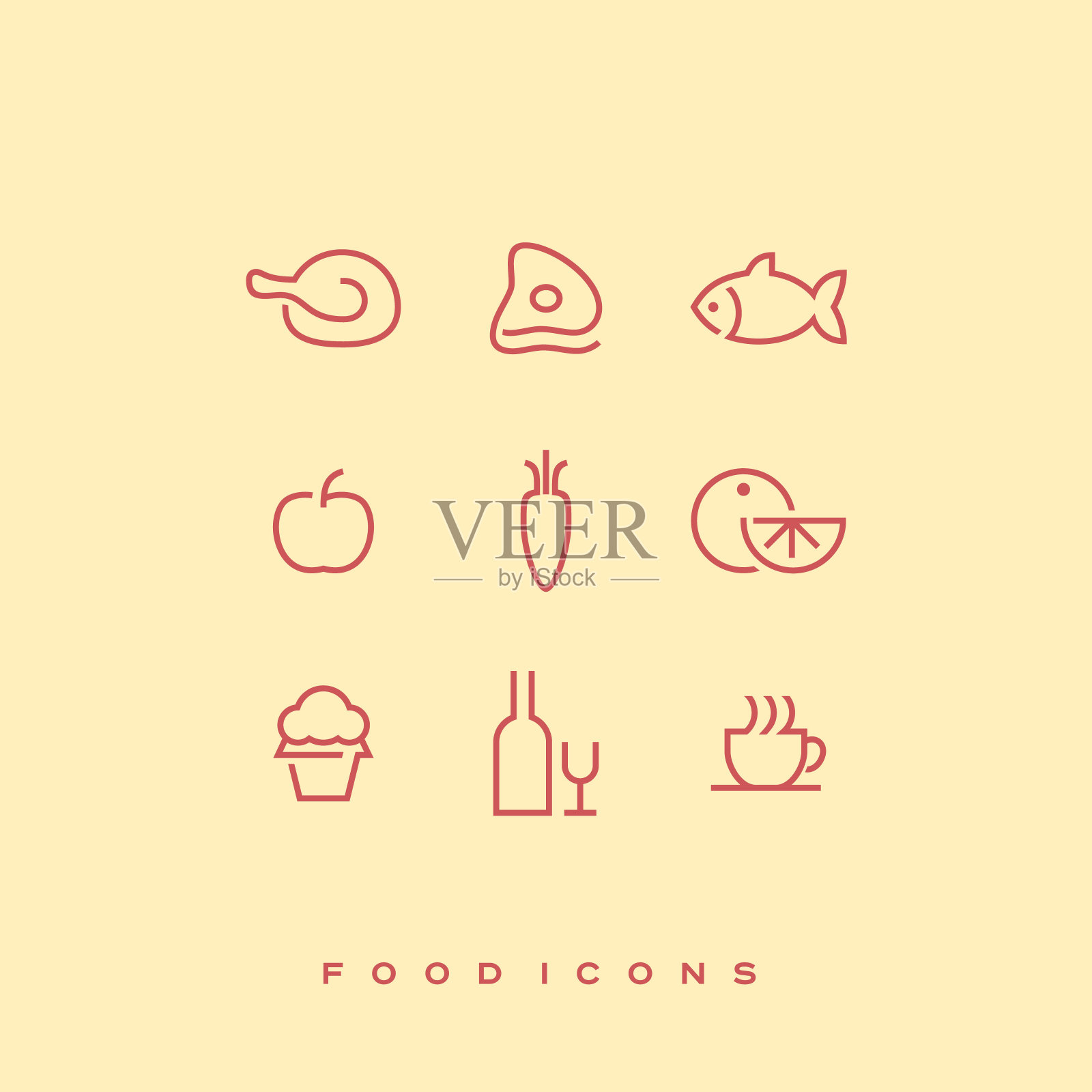 简单的线向量食物图标设置。鸡肉,牛肉,鱼,苹果,胡萝卜,橘子,小蛋糕,葡萄酒和酒杯,一杯咖啡或茶。图标素材