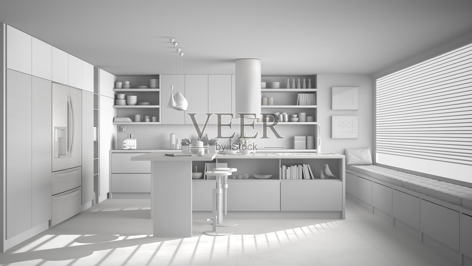 现代木质厨房的全白色项目,带有木质细节和全景窗户,白色简约的室内设计照片摄影图片