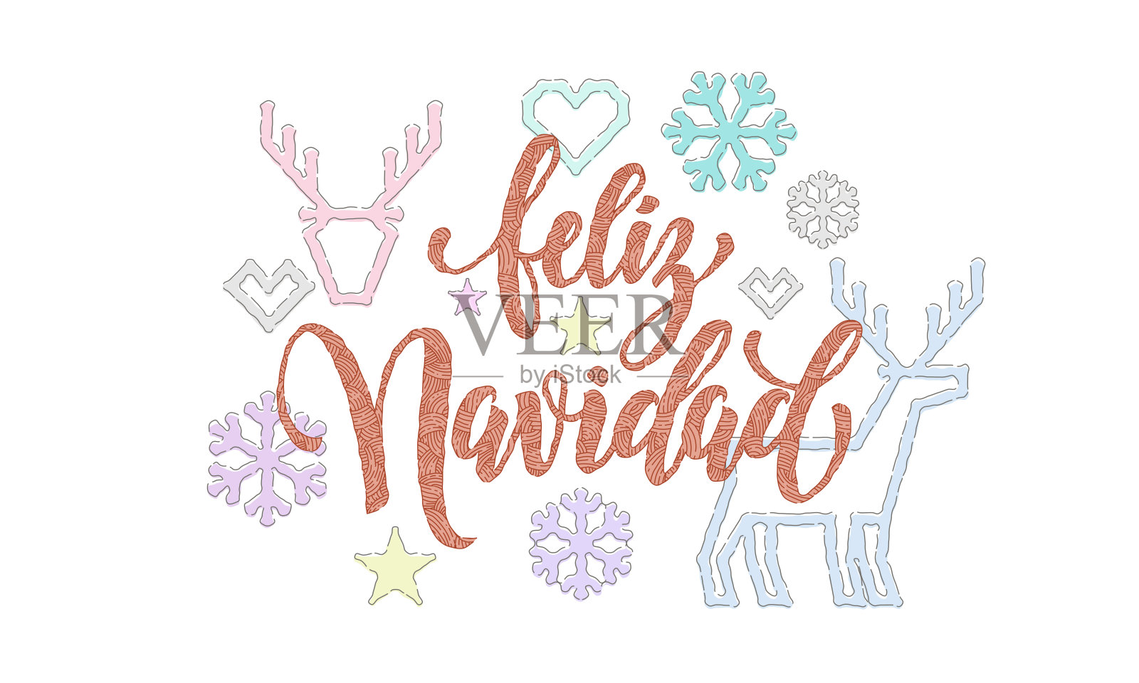 西班牙圣诞快乐刺绣字体装饰的节日贺卡设计。矢量圣诞针织书法文字,新年鹿或雪花装饰在白色的背景插画图片素材