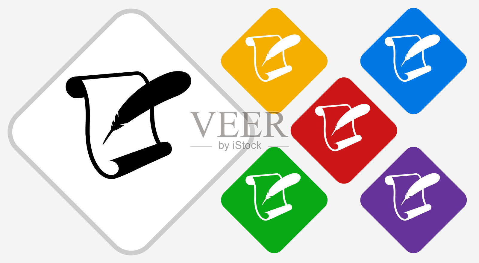 纸卷轴和羽毛羽毛笔颜色钻石矢量图标插画图片素材