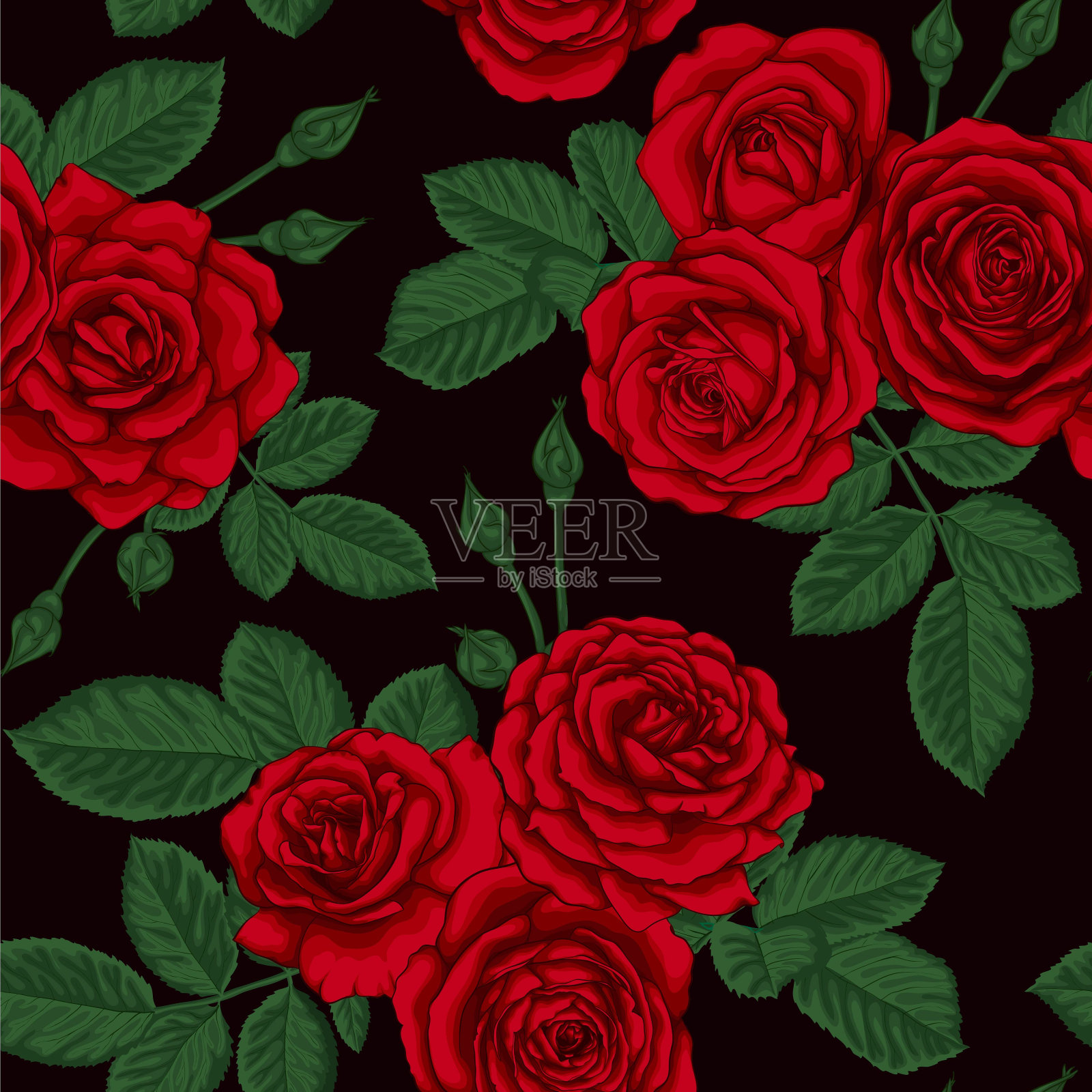 美丽的复古无缝图案与玫瑰花束和树叶设计贺卡和请柬的婚礼,生日,情人节,母亲节等节日插画图片素材