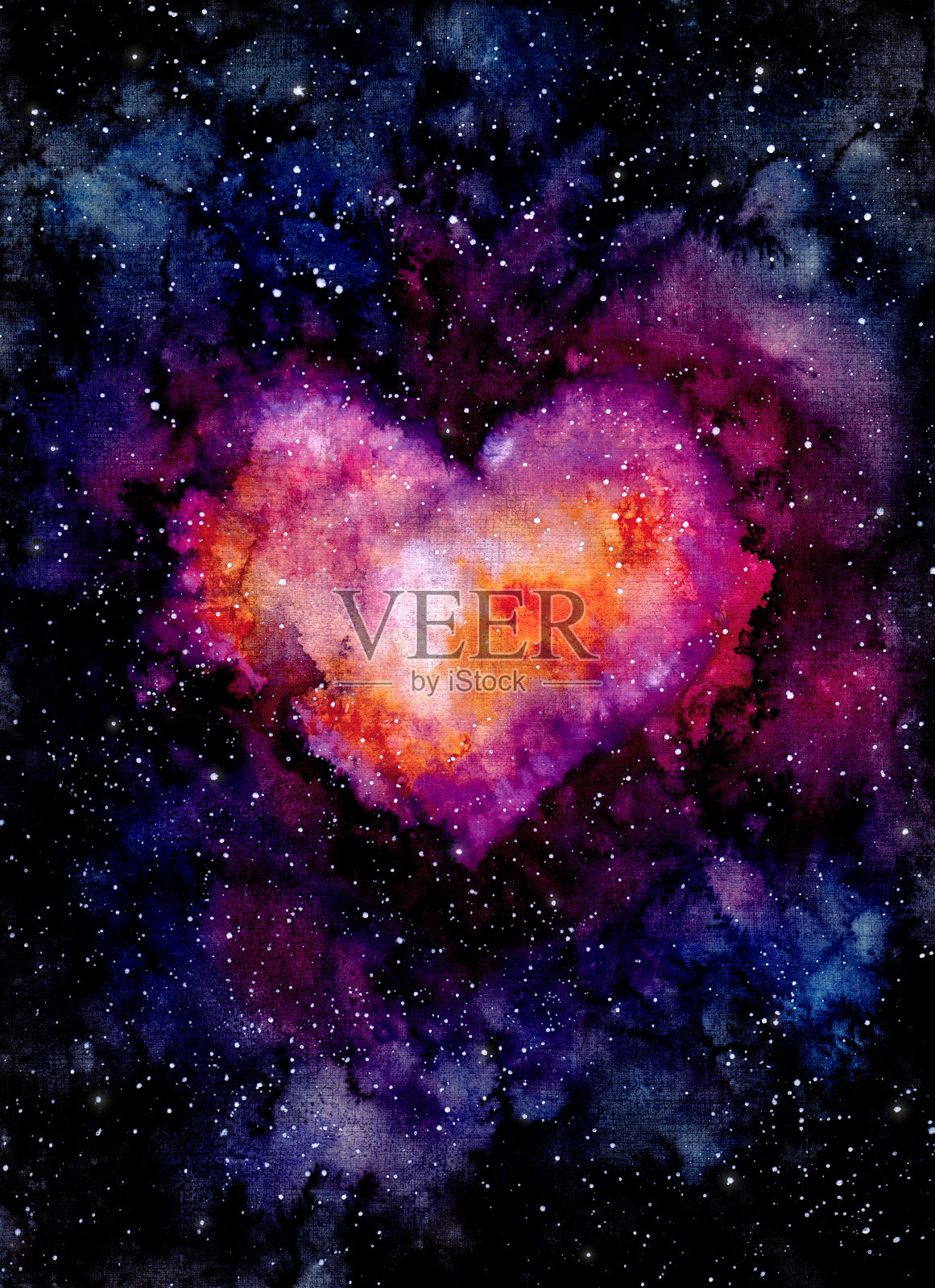 水彩心脏星云和星星插画图片素材