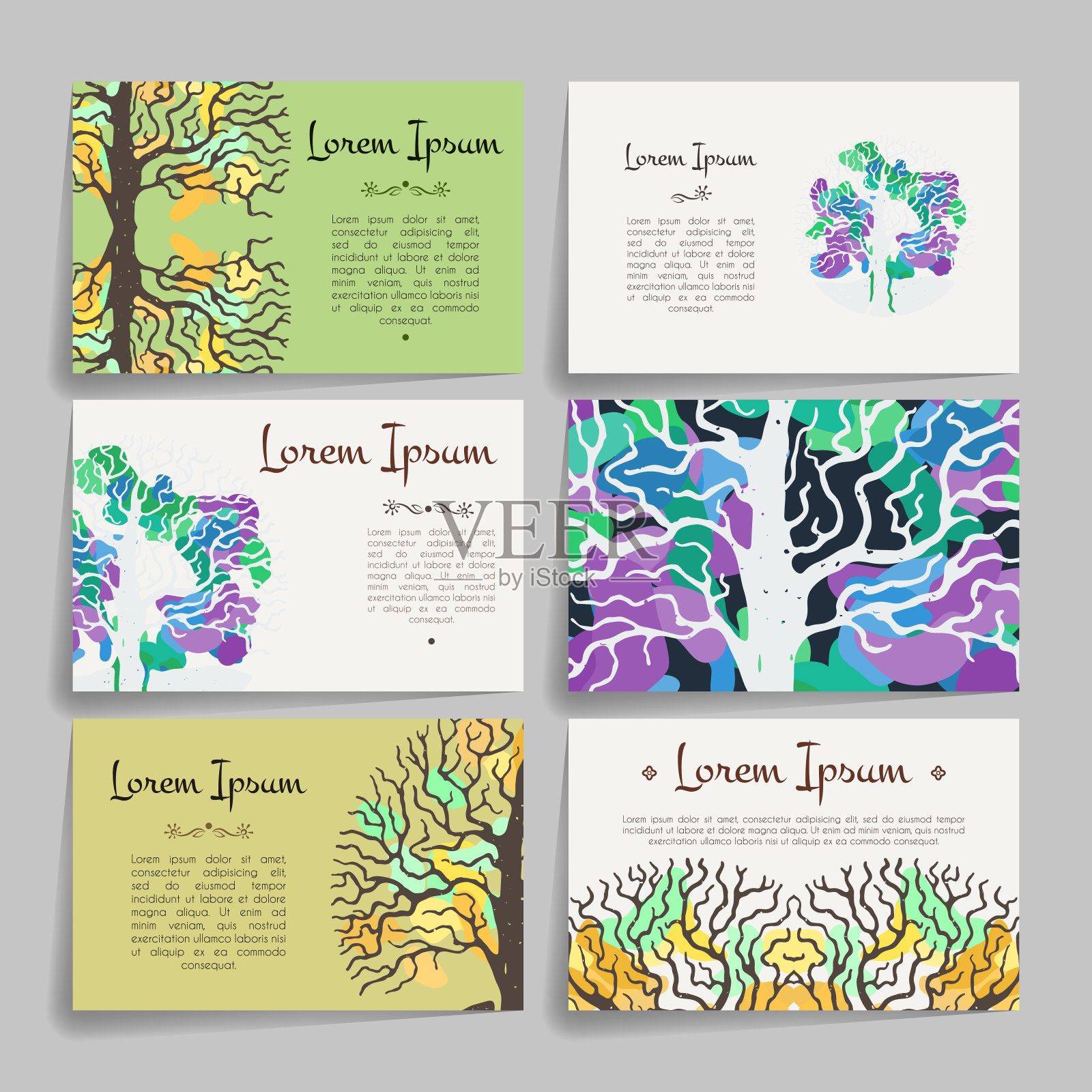 向量设计模板集。名片与树在手画风格。潮人的风格。插画图片素材