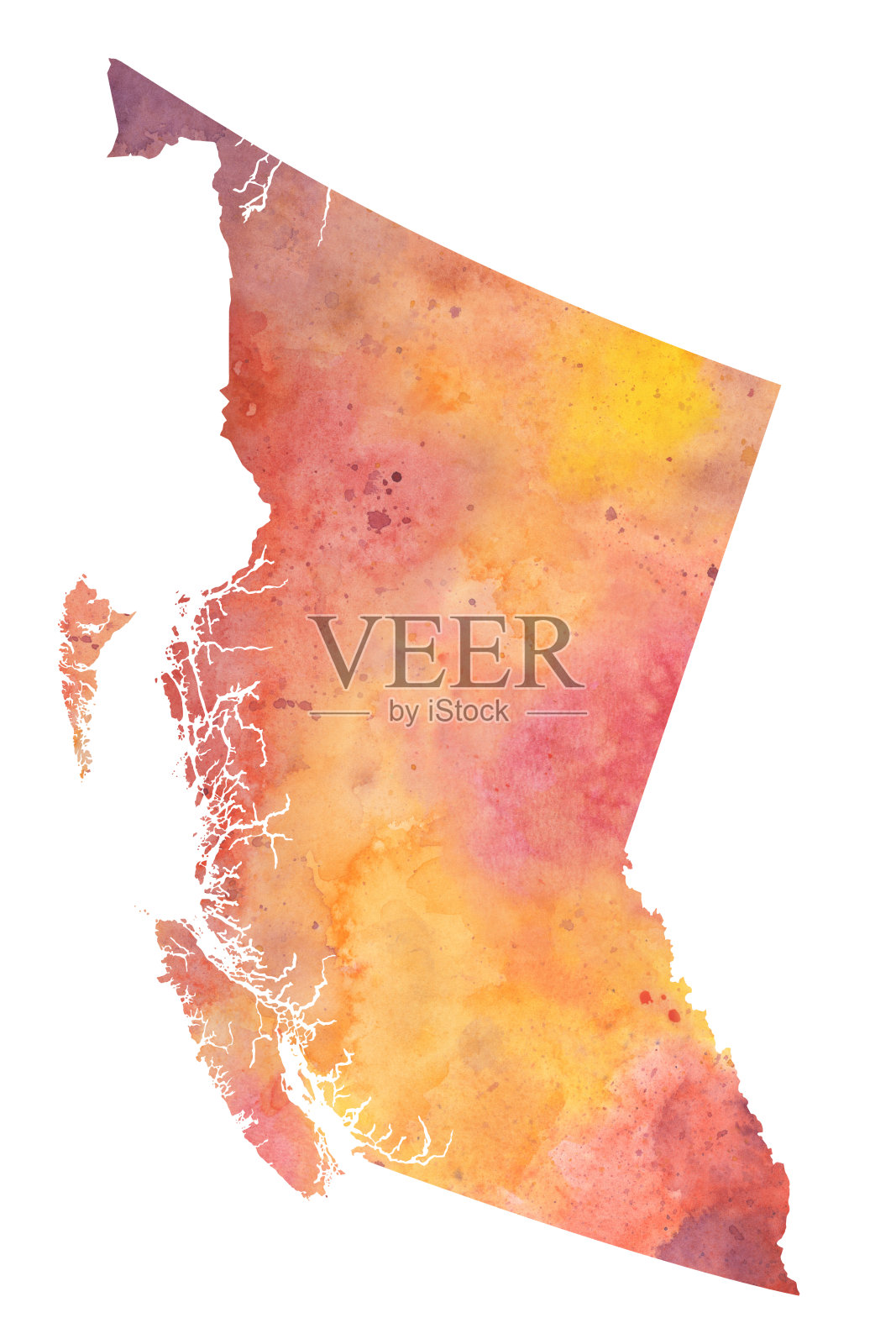 水彩地图的不列颠哥伦比亚BC在橙色,黄色和紫色-栅格插图插画图片素材