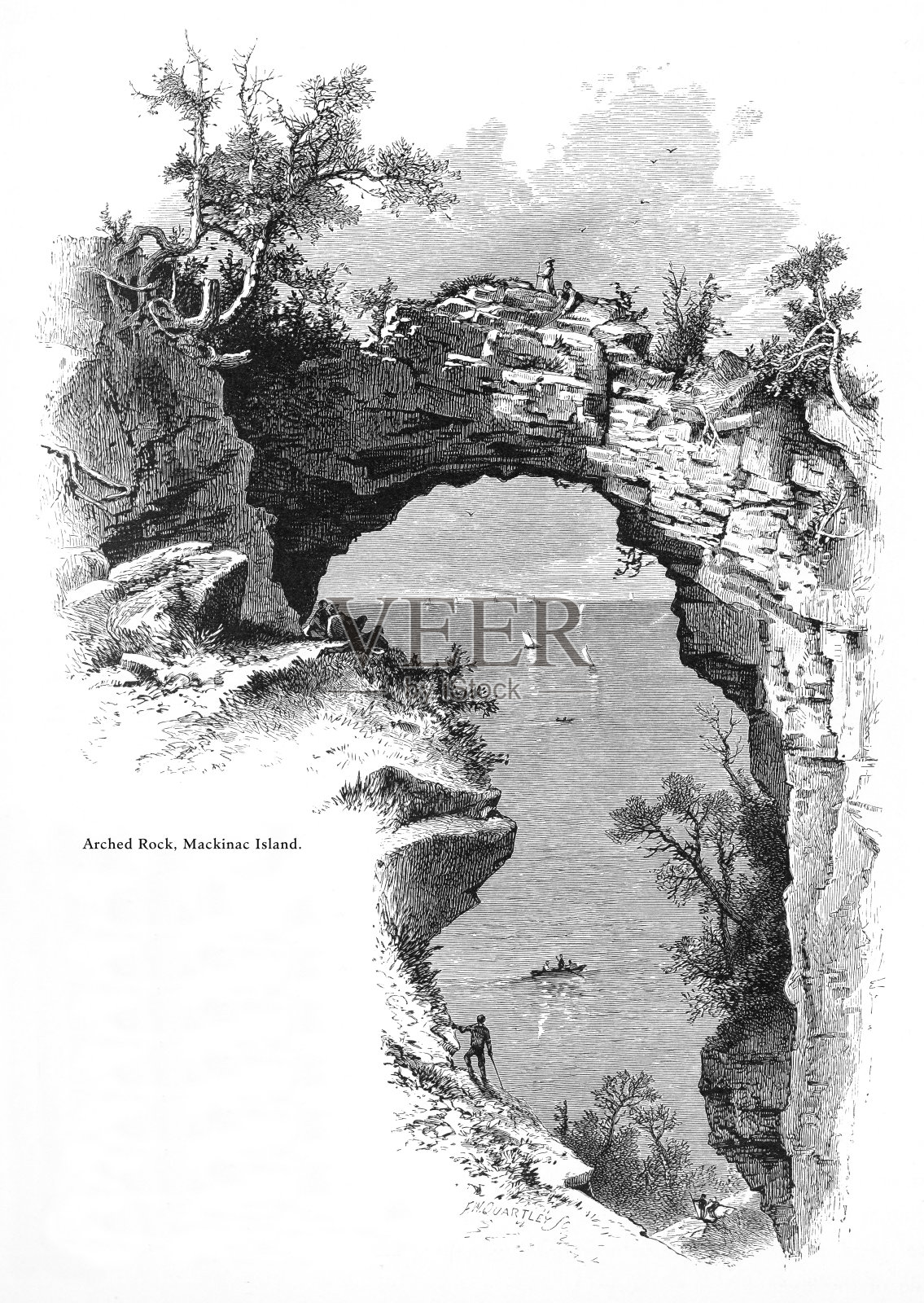 拱岩,美国密歇根州麦基诺岛,美国维多利亚版画,1872年插画图片素材
