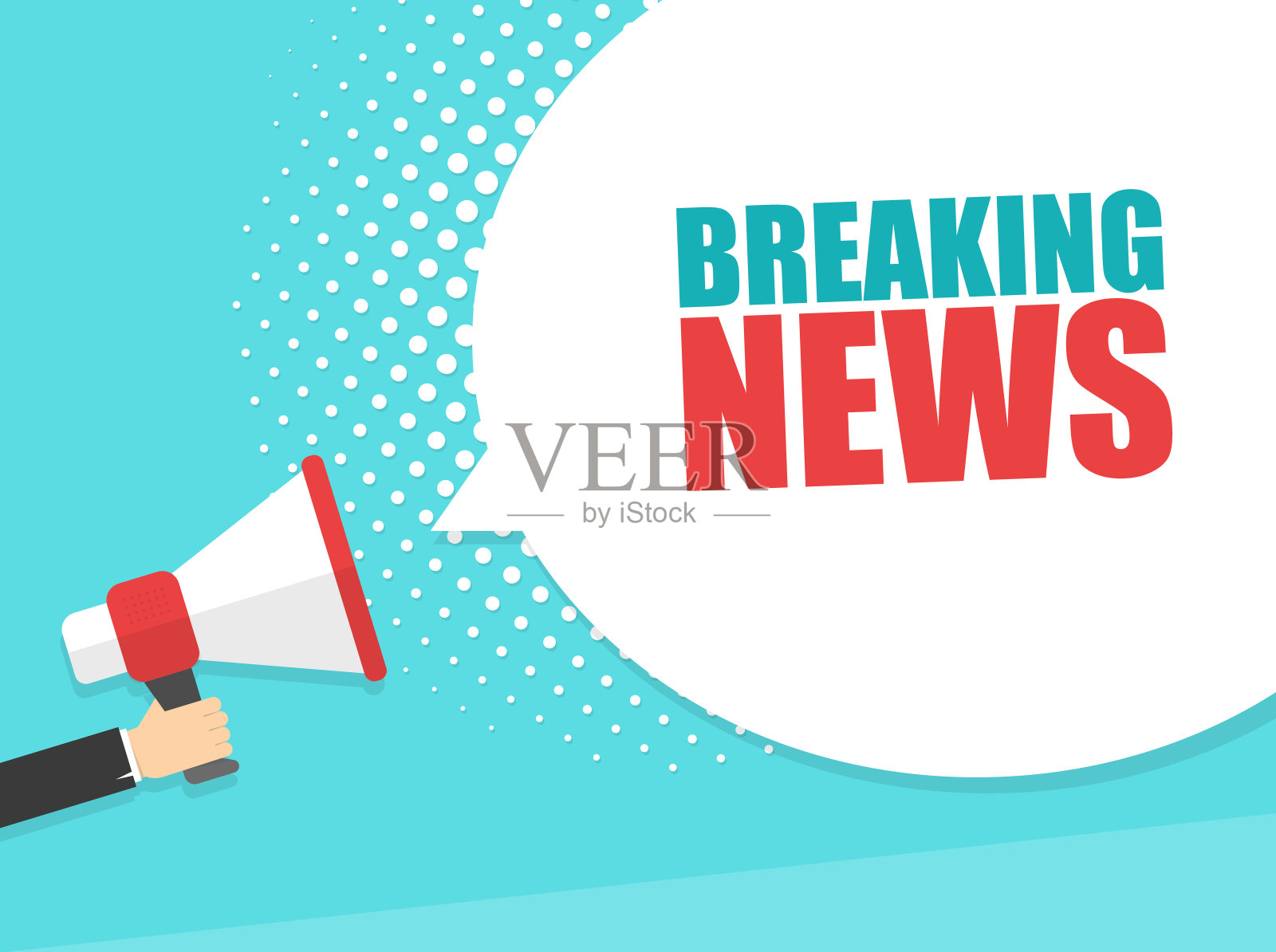 男手拿扩音器与突发新闻讲话气泡。扬声器。横幅为企业,营销和广告。矢量插图。插画图片素材