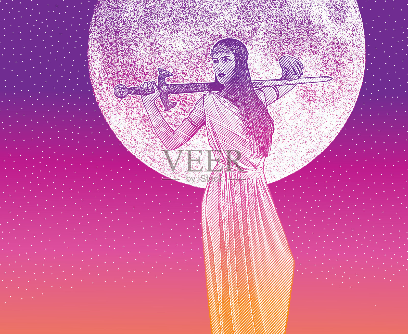 强壮、独立的女性手持剑,穿着古典希腊服饰插画图片素材