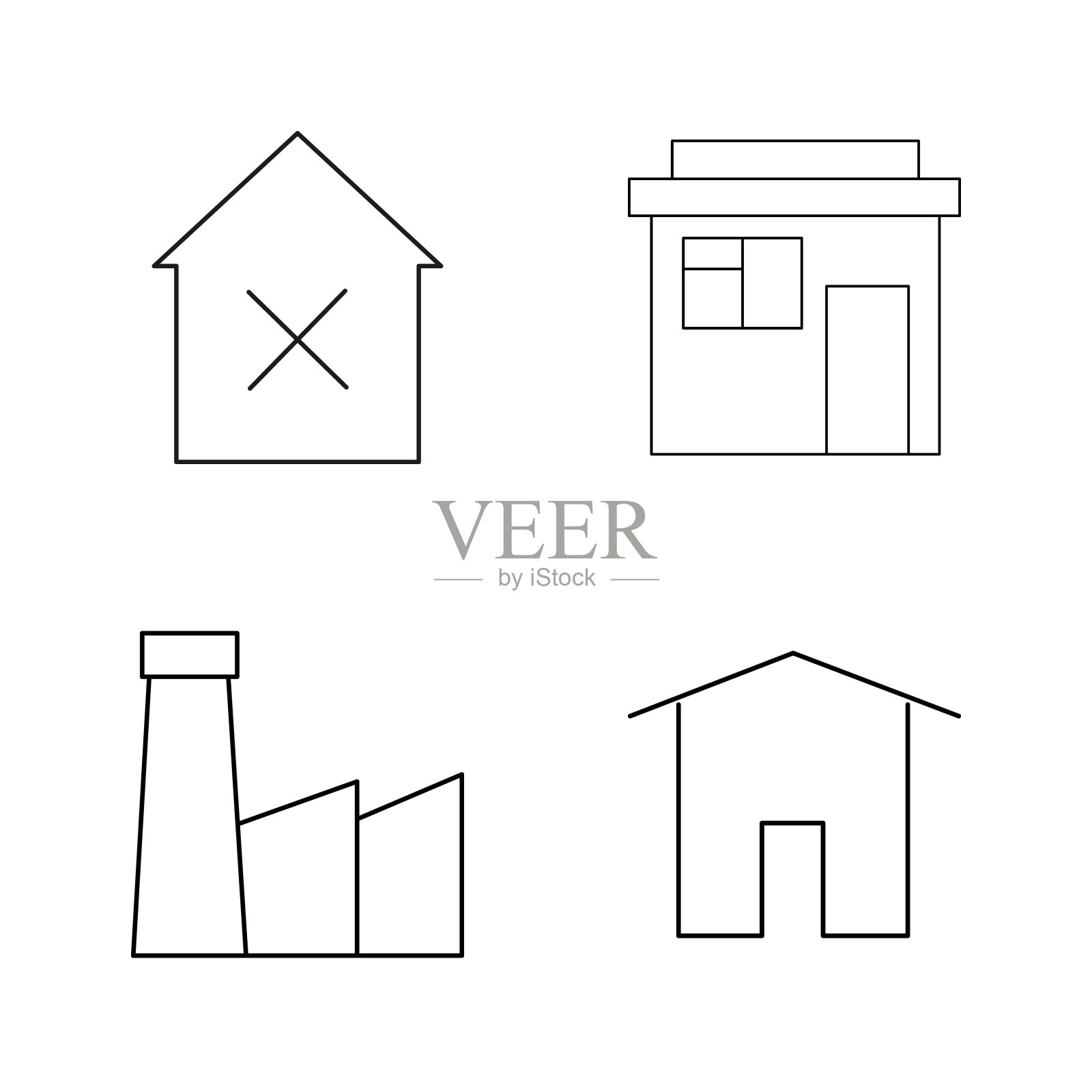 建筑和建筑简单的线性轮廓矢量图标集。图标素材