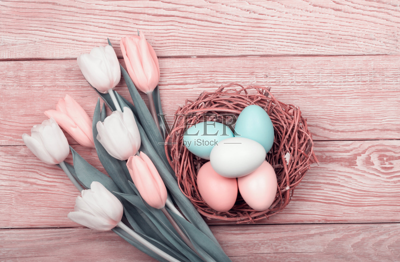 复活节彩蛋和五颜六色的郁金香在鸟窝里照片摄影图片