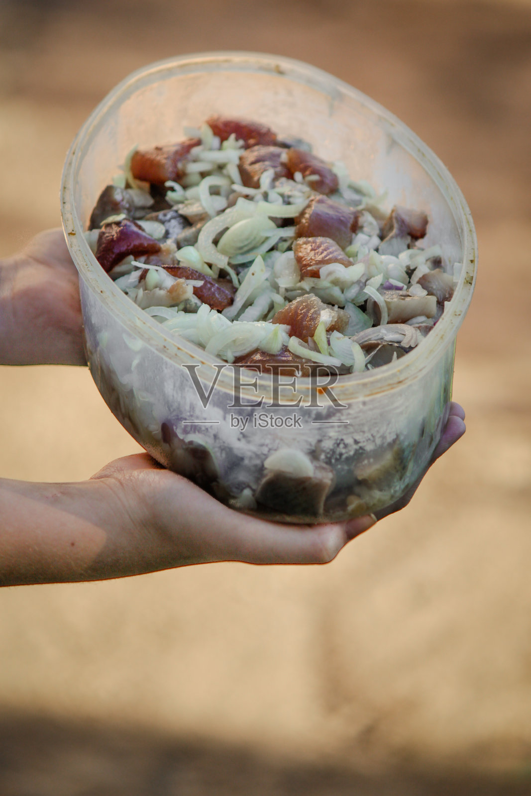 把鲱鱼去皮切成块,用腌料和洋葱腌在一起照片摄影图片