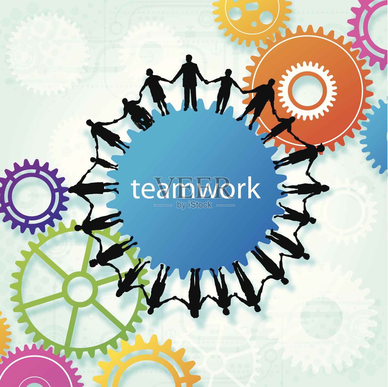 团队合作,社区,手牵手,齿轮背景插画图片素材