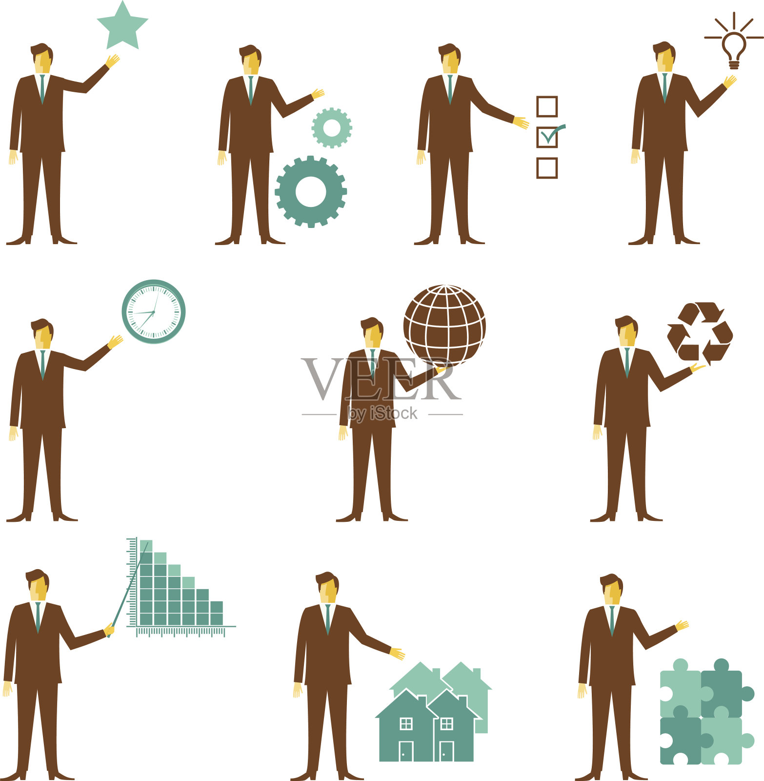 蓝色的商人持有齿轮,房子,拼图和各种物体图标素材